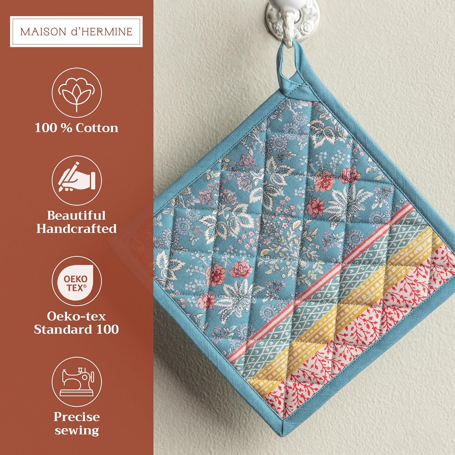 Maison d' Hermine Pot Holders 100% Cotton Heat Resistant Potholders 8" x 8" Hot Pads with Loop BBQ Cooking Baking Easter Decorations Handling Hot Pans Spring/Summer (Pack of 1, Marquise) - Image 2