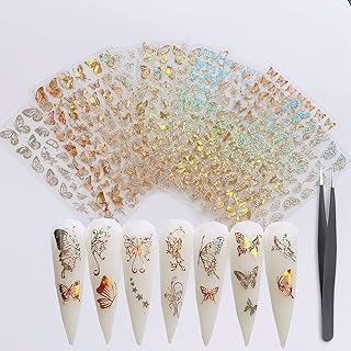 8 Sheets Butterfly Nail Stickers Laser Self Adhesive Butterfly Shapes Nail Art Decals Gold and Silver Color Decoration Hol...
