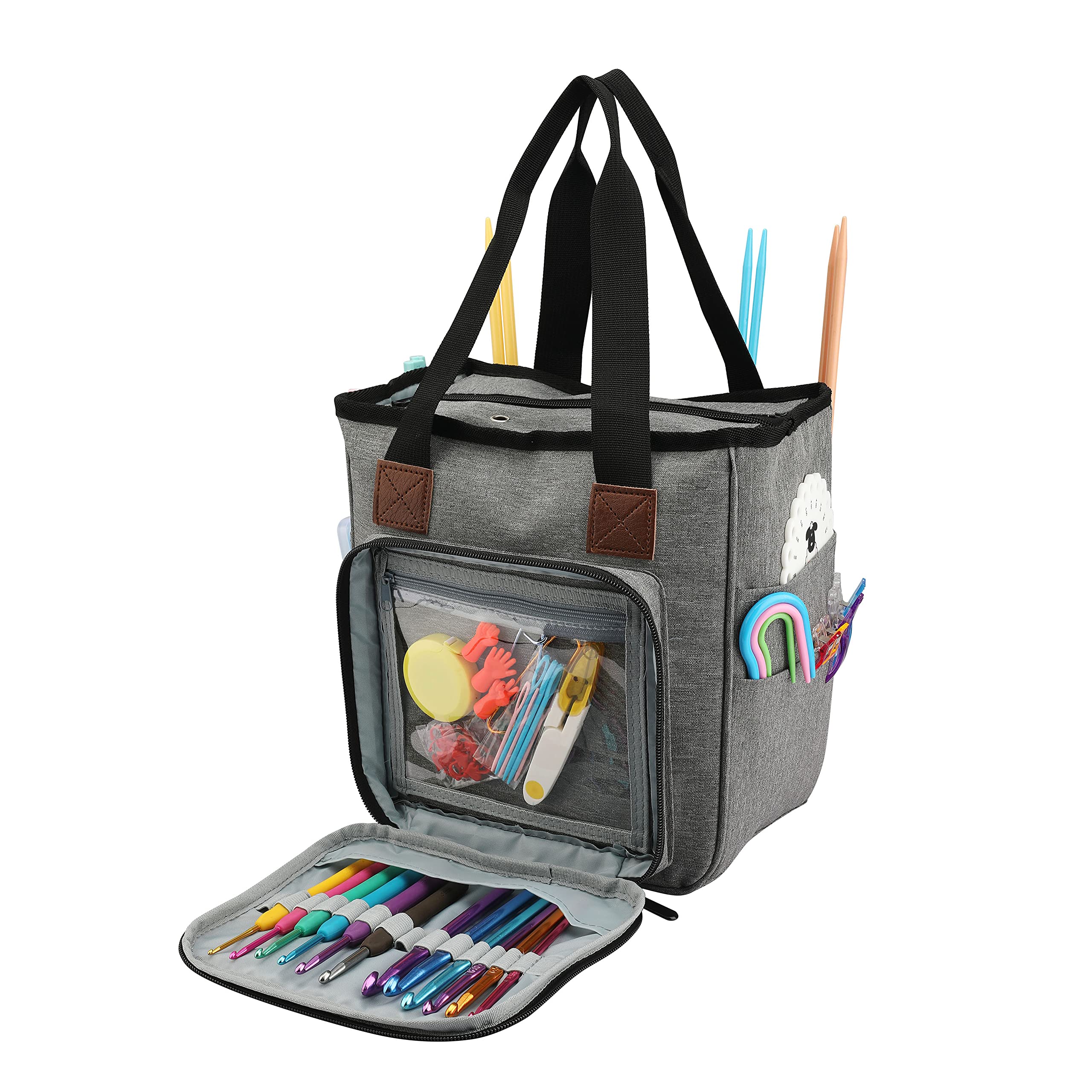 KOKNITKnitting Tote Bag,Yarn Storage Bag for Carrying Project Yarn Storage Organizer with Pockets for Crochet Hooks,Knitting Needles and Accessories,Blue-No Accessories Included (Grey)