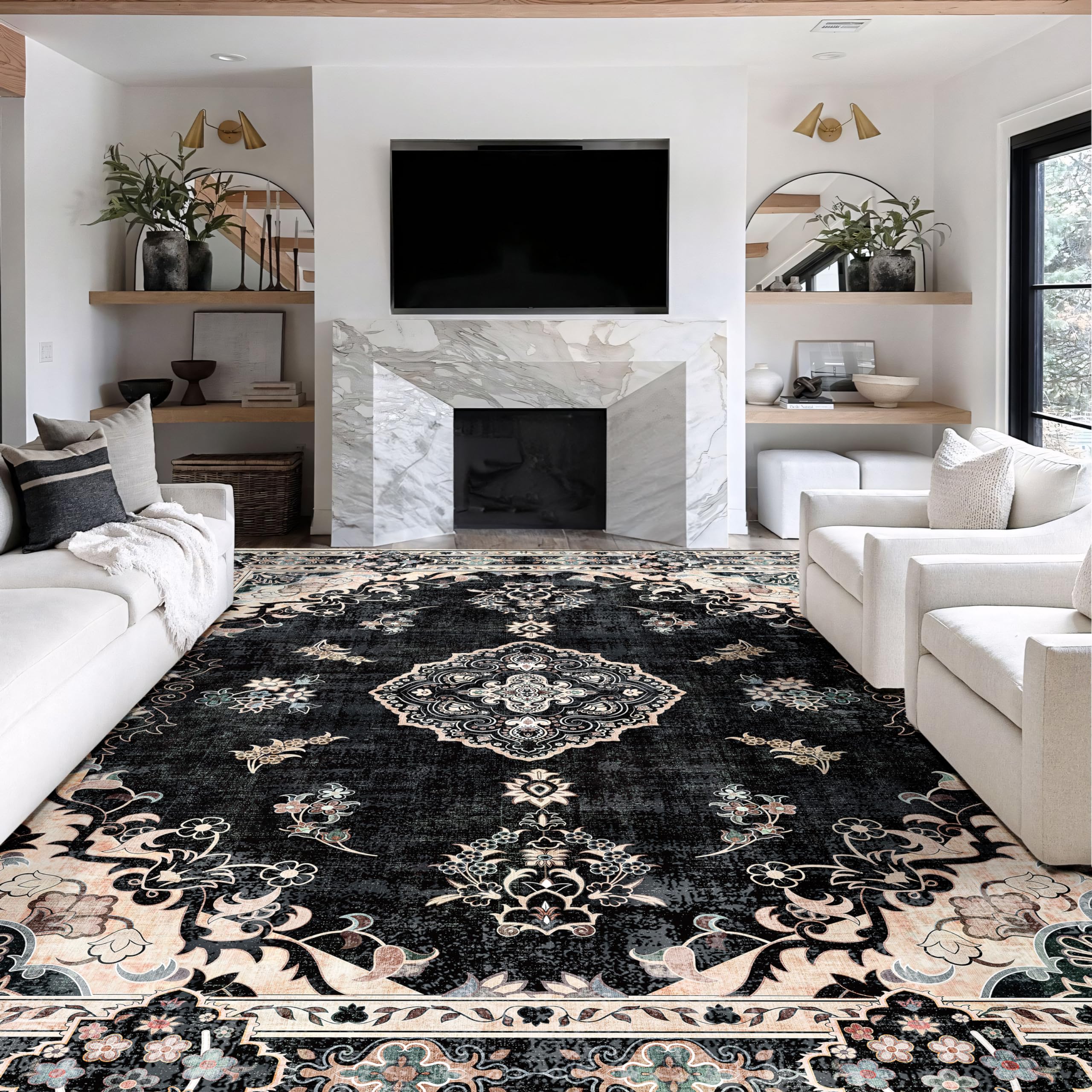 MUJOO 9’x12’ Area Rug Large Rugs for Living Room Bedroom Dining Room,Boho Washable Non Slip Bohemian Vintage Distressed Farmhouse Non Slip Big Carpet,