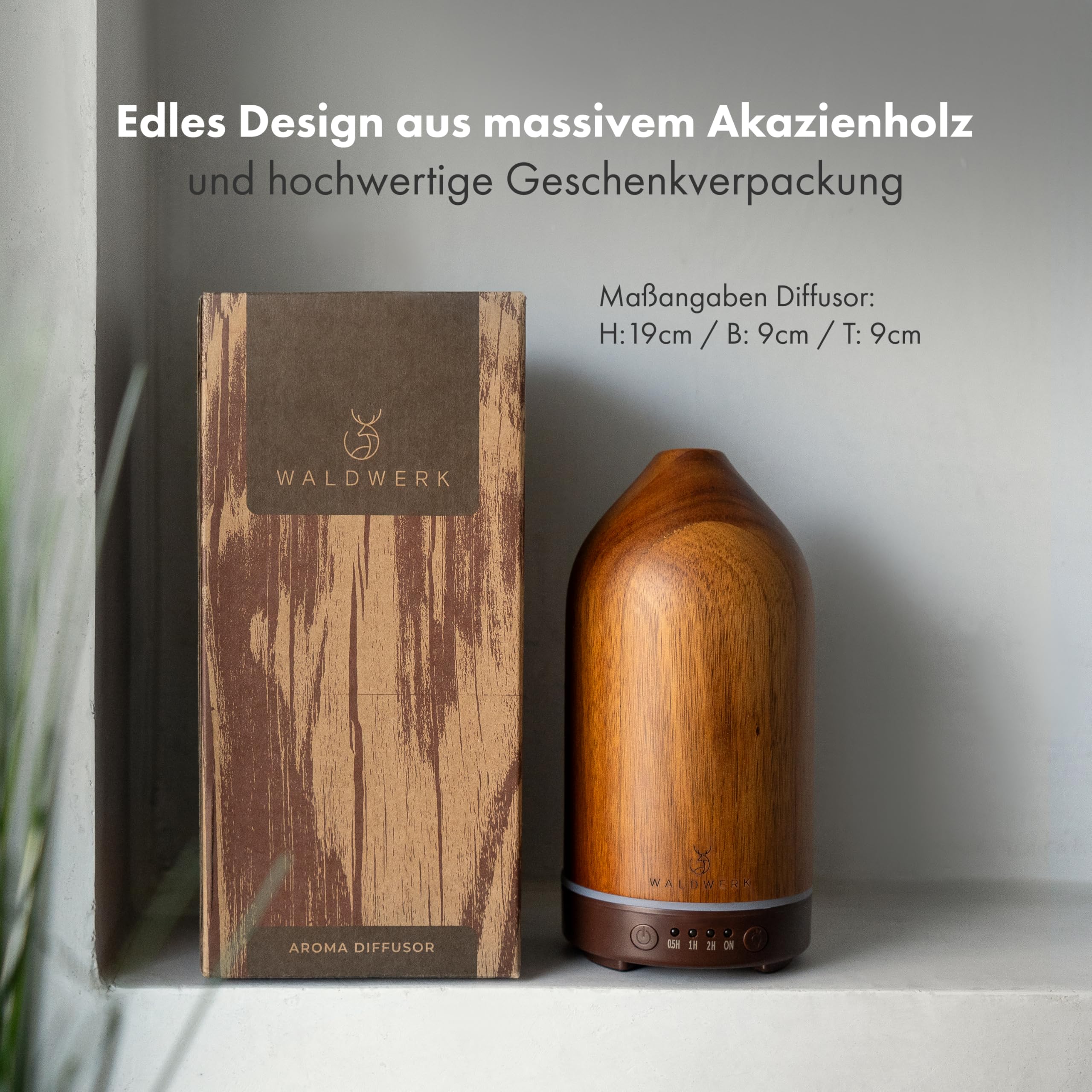 WALDWERK Diffuser (100ml) aus edlem Akazienholz - Aroma Diffuser für ein angenehmes Raumklima - Diffuser für Ätherische Öle - Duftöl Diffuser - Duftlampe für Aromatherapie - Luftbefeuchter