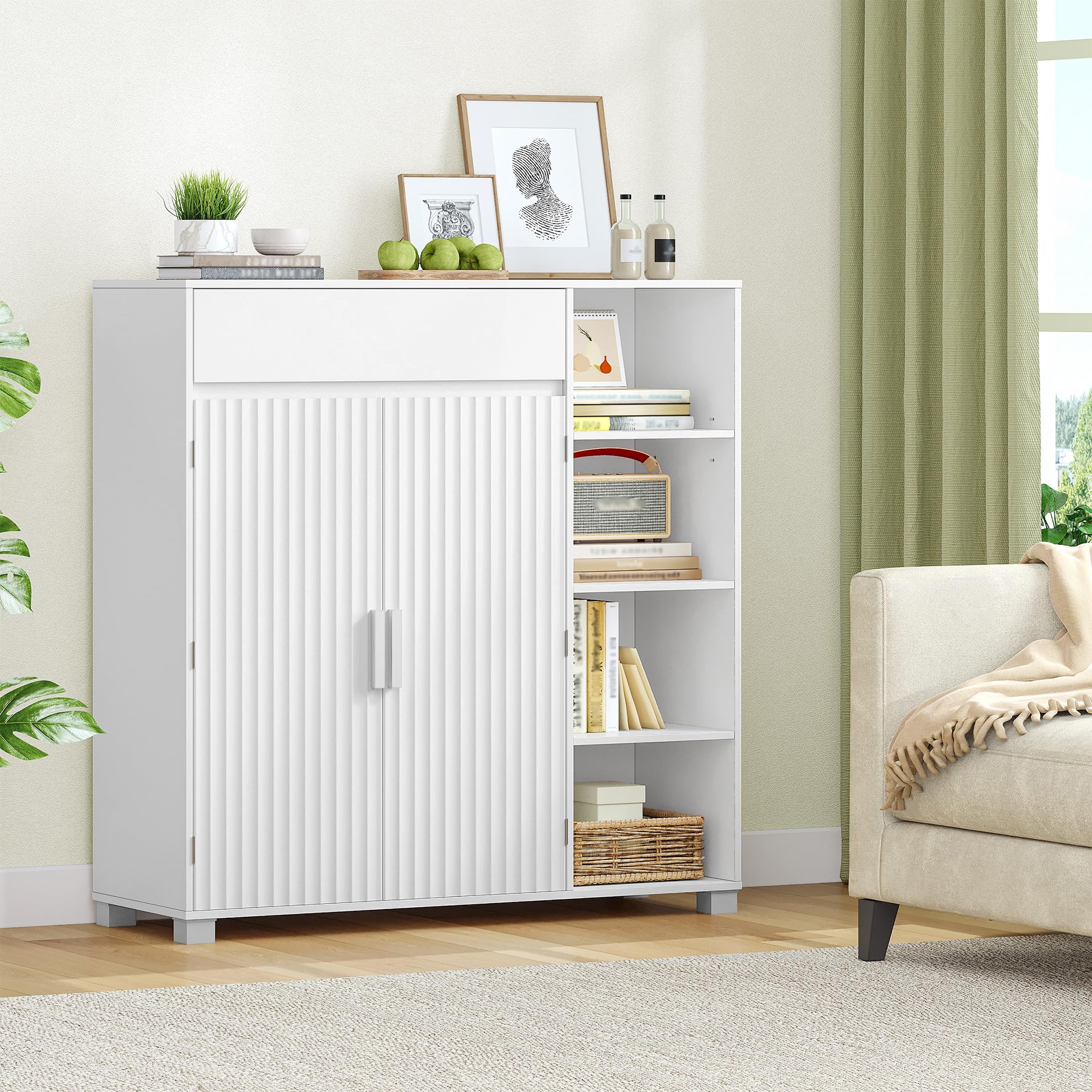 HEXCELEN Meuble de Salle de Bain, Meuble de Rangement, 100 x 103 x 30 cm, Armoire Salle De Bain avec 2 Portes, Compartiment Ouvert, 1 Tiroir, Étagères Réglables, Blanc