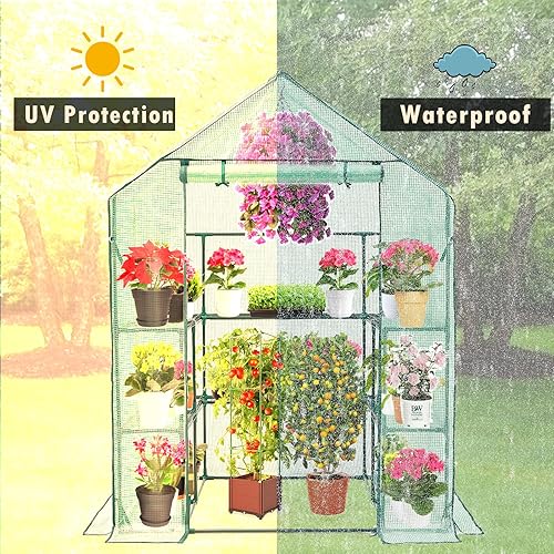 Vista 14 de Mini invernadero para interiores y exteriores, soporte de estante de 4 niveles para invernaderos portátiles con cubierta de polietileno duradera