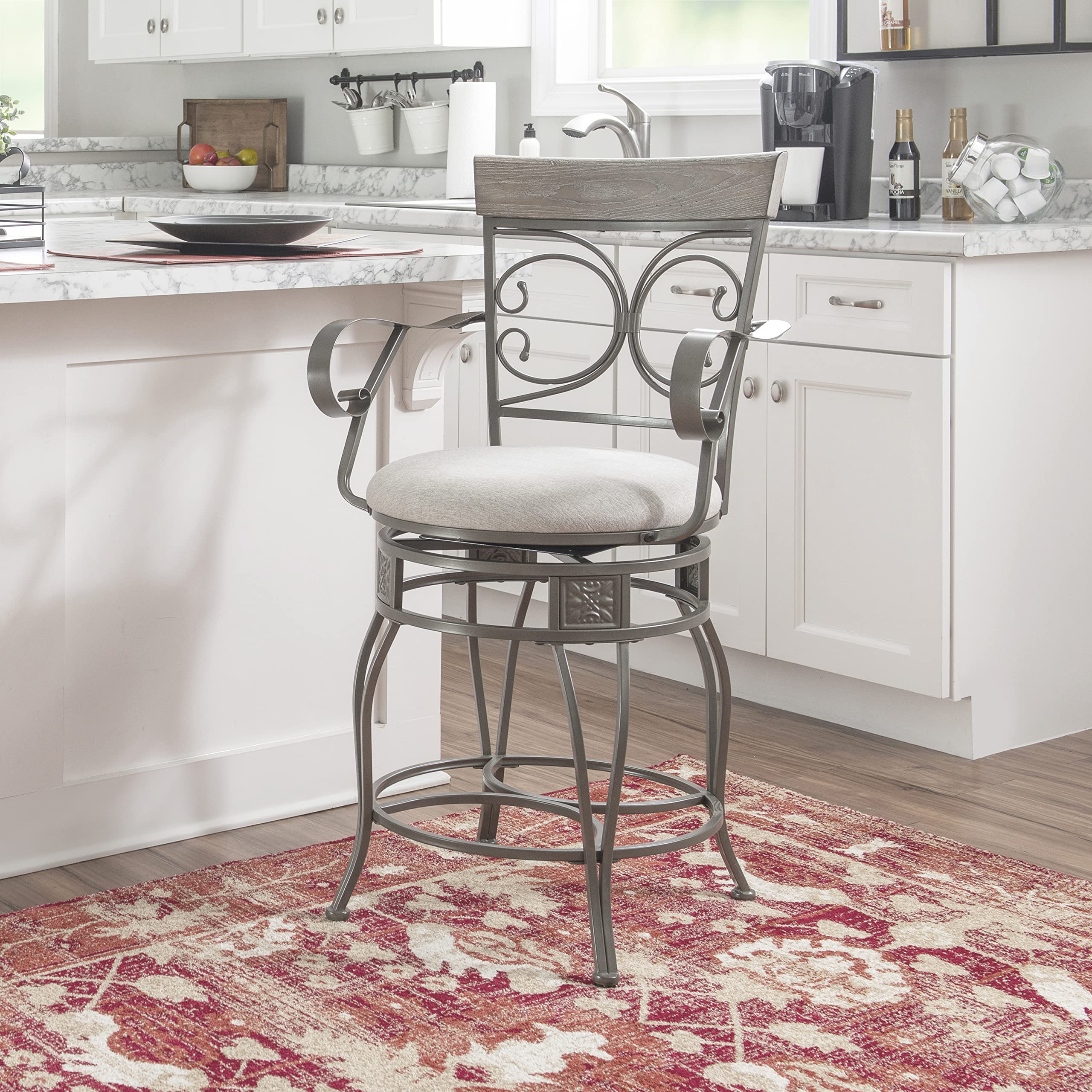 Powell Dayne Pewter Armed Big and Tall Swivel Counter Stool with Light Grey Upholstered Seat