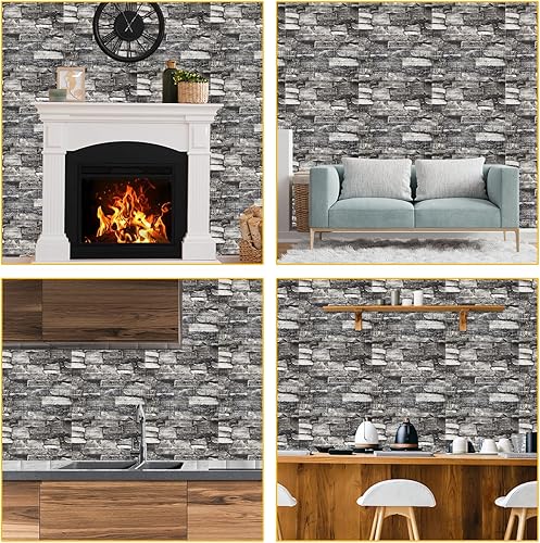 Miniatura 7 de uxcell Paneles de pared 3D para despegar y pegar, 30 piezas de papel tapiz de ladrillo de espuma para dormitorio, panel de pared de piedra