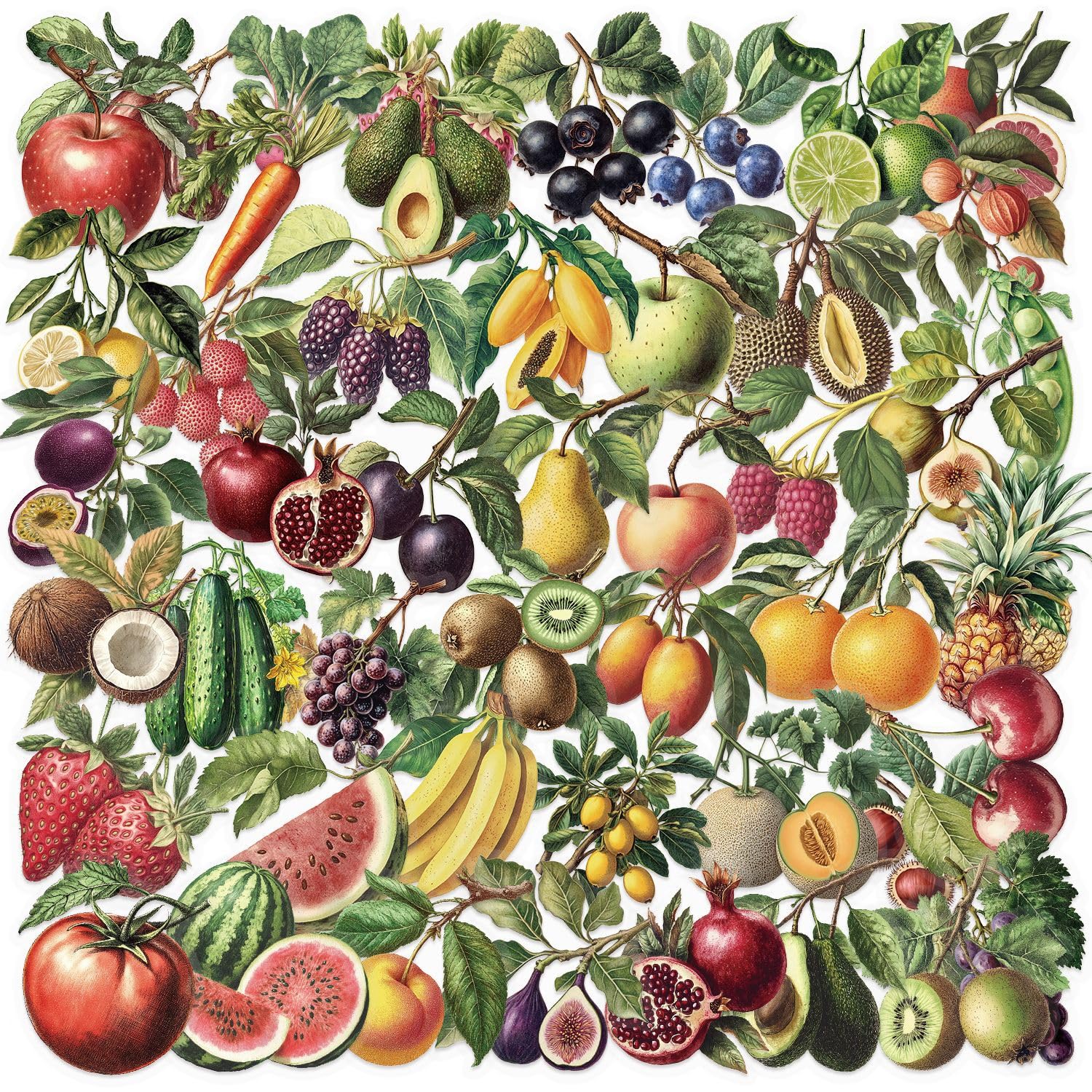 50Pcs Vintage Fruit and Vegetable Stickers, Waterproof Decals for Journal, Scrapbooking, Laptop, Kindle, Photo Album, PET Transparent Aesthetic