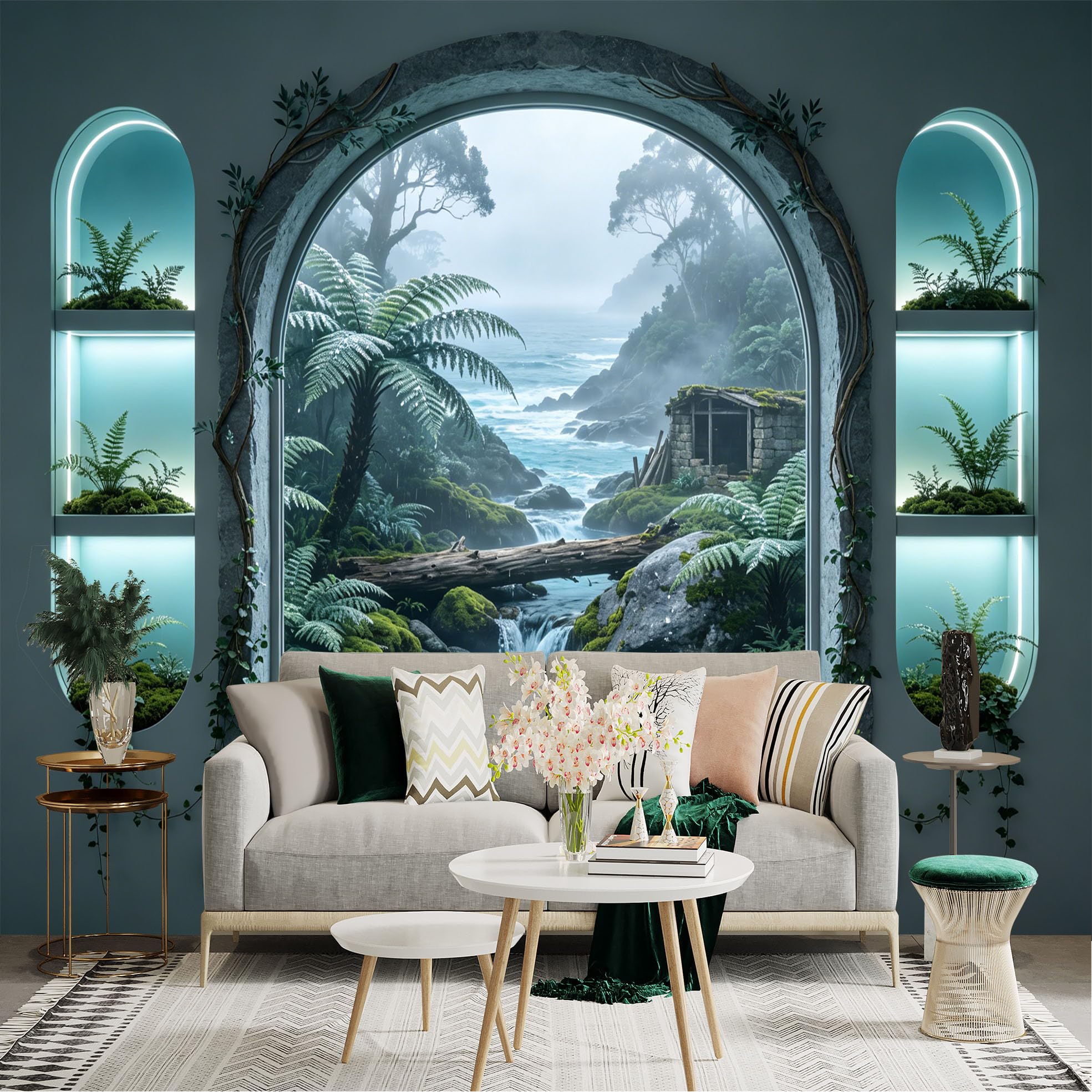 Custom Size Wall Sticker Mural， Misty Forest Stream with Waterfall， Ferns and Coastal Landscape， for wall Decoration， peelandstick wall Decals.