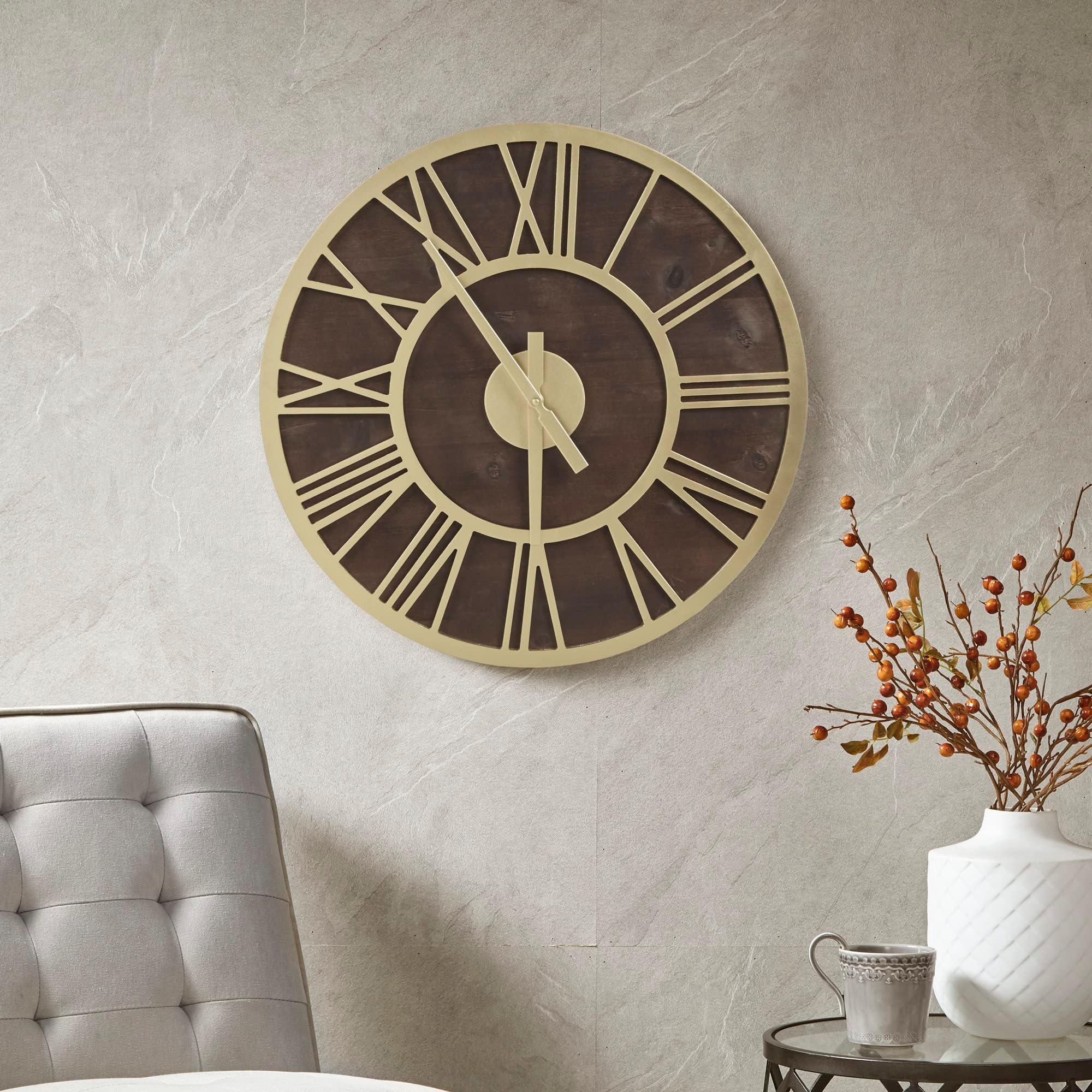 Madison Park Mason Large Wall Clock for Living Room Décor, 23.6 Inch Round Metal Fir Wood Frame, Quartz Battery Operated, Farmhouse Cottage Country Home, Bed, Bath, Rustic Kitchen - Natural/Black