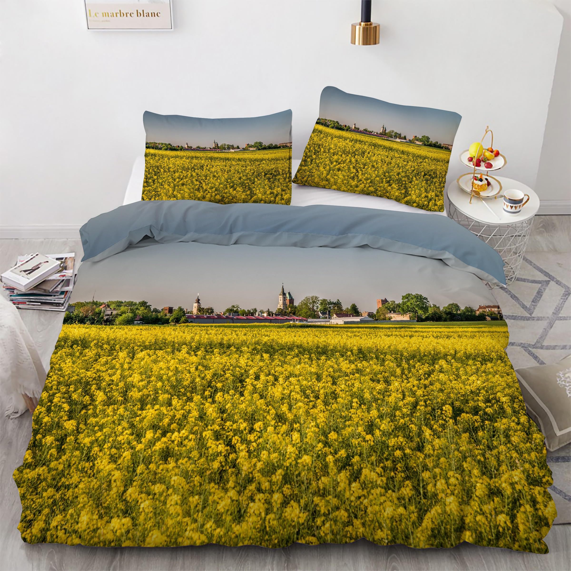 Parure de lit fleurs de colza 240 x 260 cm avec housse de couette en microfibre et taies
