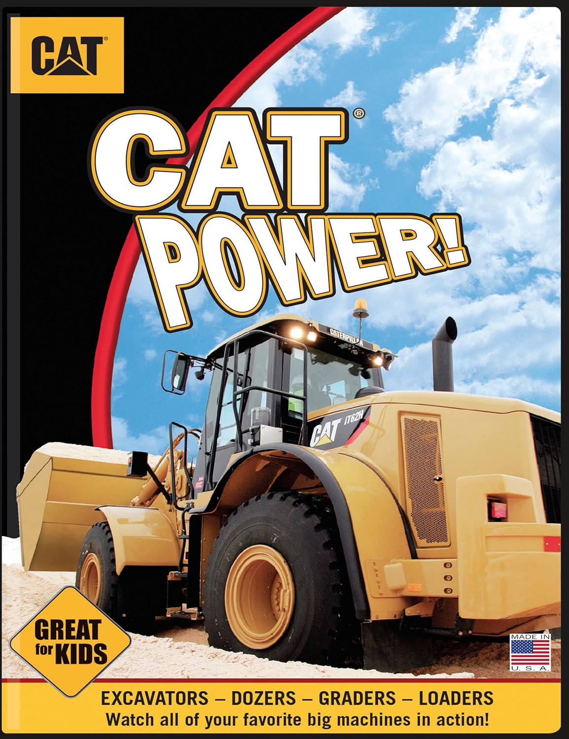DVD cover for Cat Power featuring a large yellow Caterpillar wheel loader on a construction site under a blue sky.