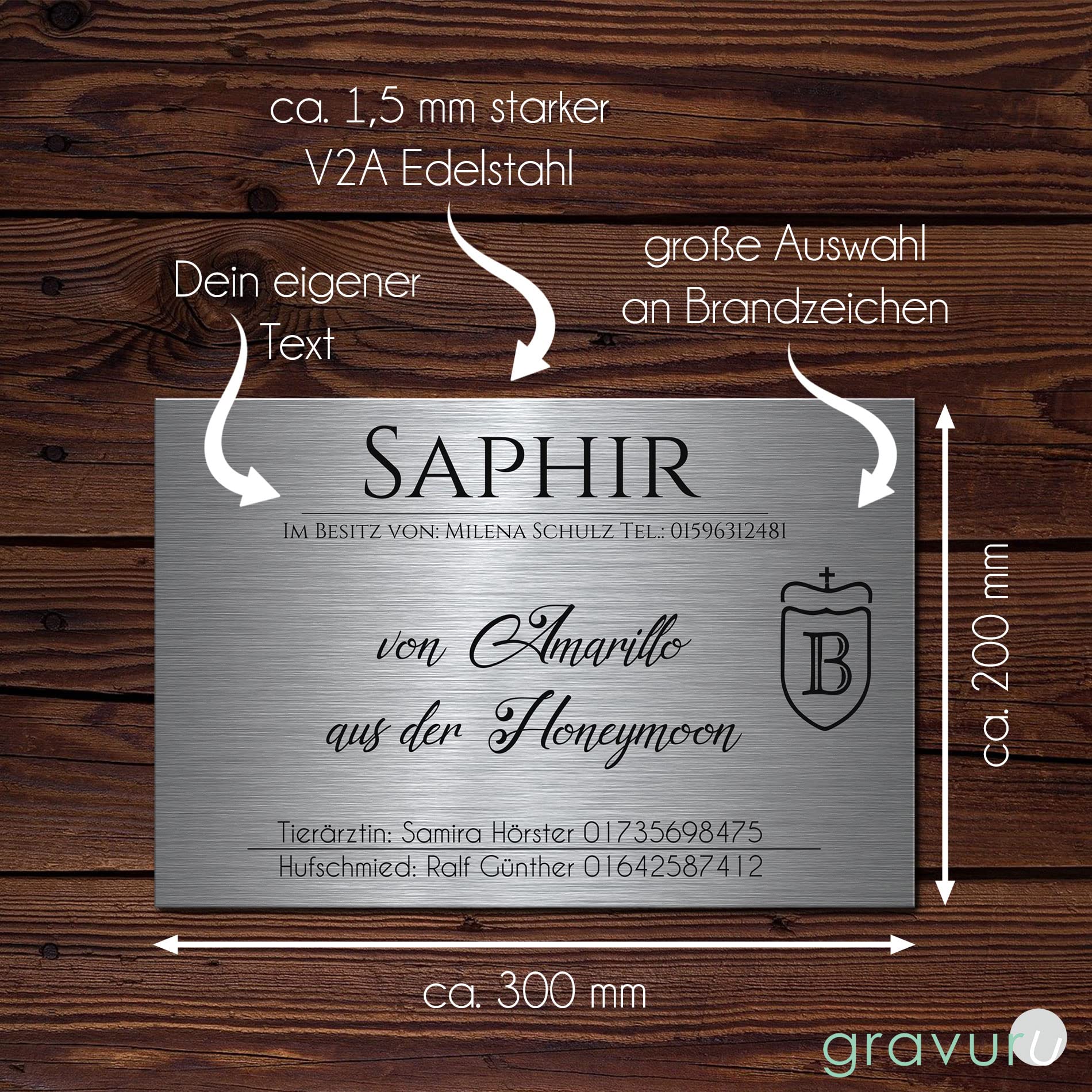 CHRISCK design Pferdeschild aus Premium Edelstahl mit Gravur | Namensschild Boxenschild Stallschild wahlweise mit Bohrlöcher 30x20 cm mit Brandzeichen und Motiven Ideal für den Stall Pferdebox… (D5)
