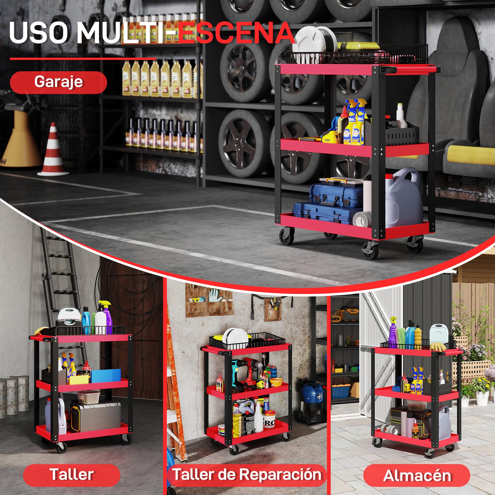 HOMCOM Carro de Taller, Carro de Herramientas con 3 Estantes, Ruedas con Frenos y Asa Lateral, para Garaje Mecánico, Hogar, Carga 120 kg, Rojo