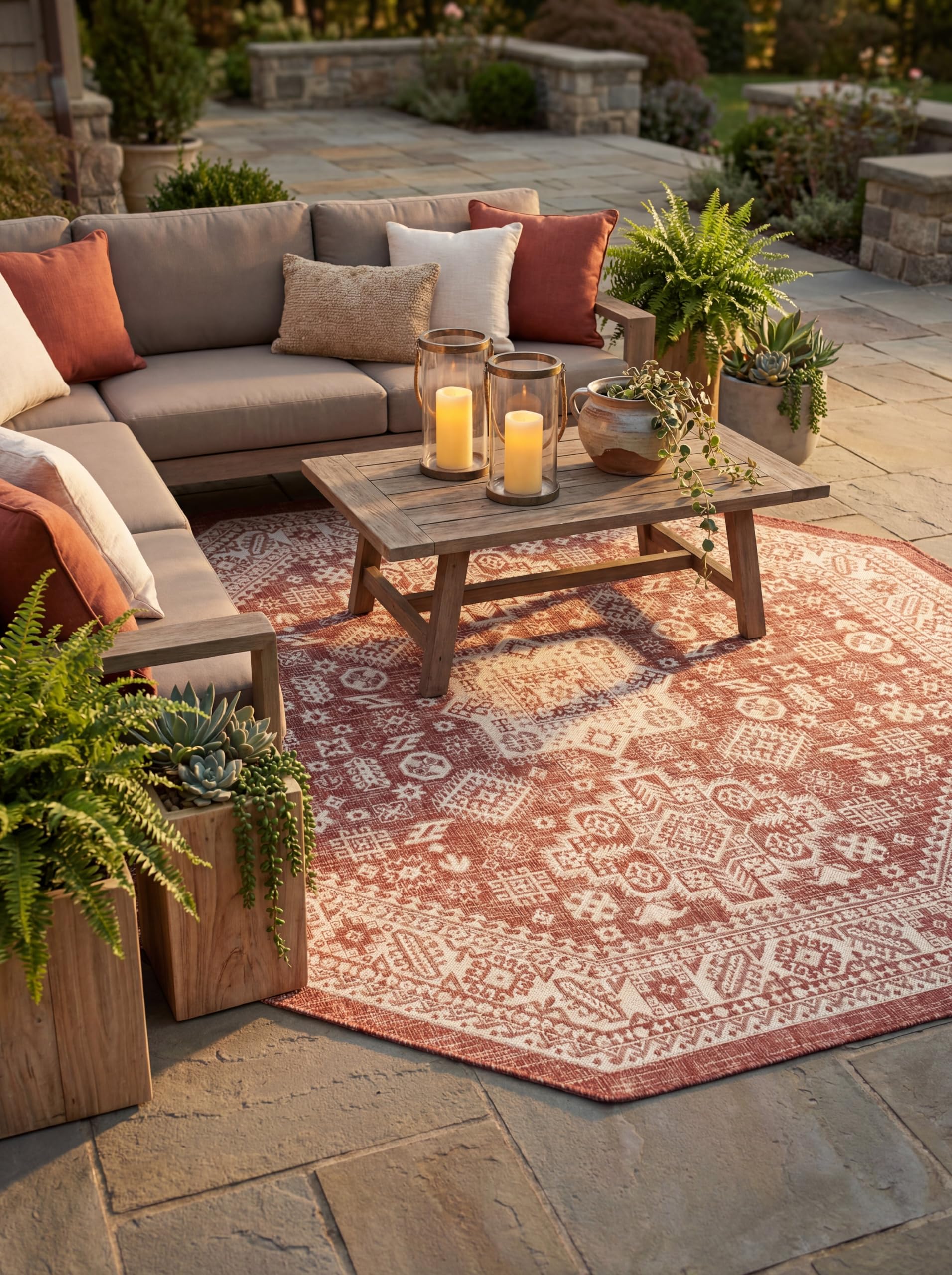 Rugs.com Outdoor Aztec Collection Rug – 8 Ft Octagon Rust Red Flatweave Rug Perfect for Living Rooms, Kitchens, Entryways