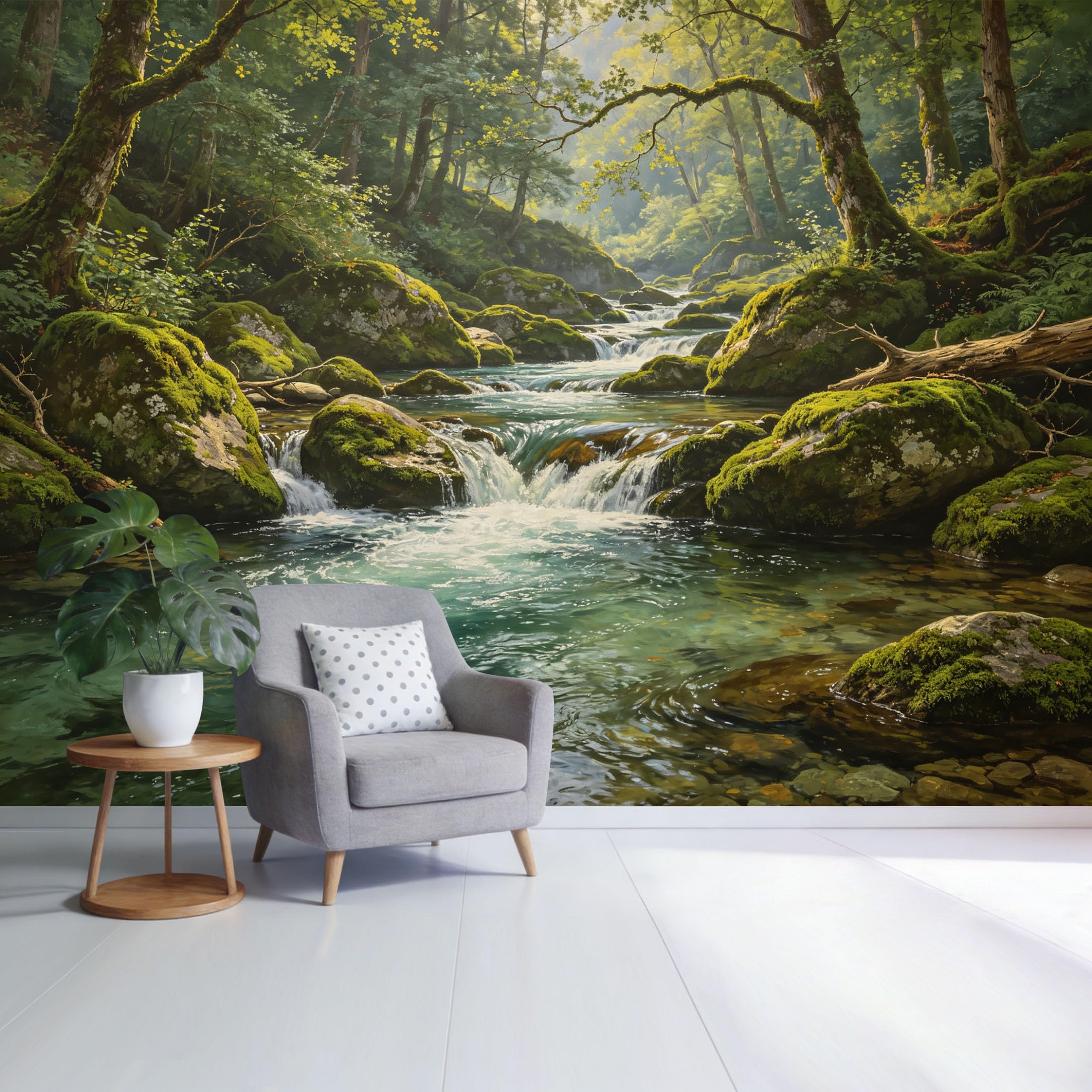 Custom Size Wall Mural Forest Stream Landscape Mossy Rocks Waterfall Green Nature Scene SelfAdhesive Wall Fabric Removable Wallpaper for Home Office Decor