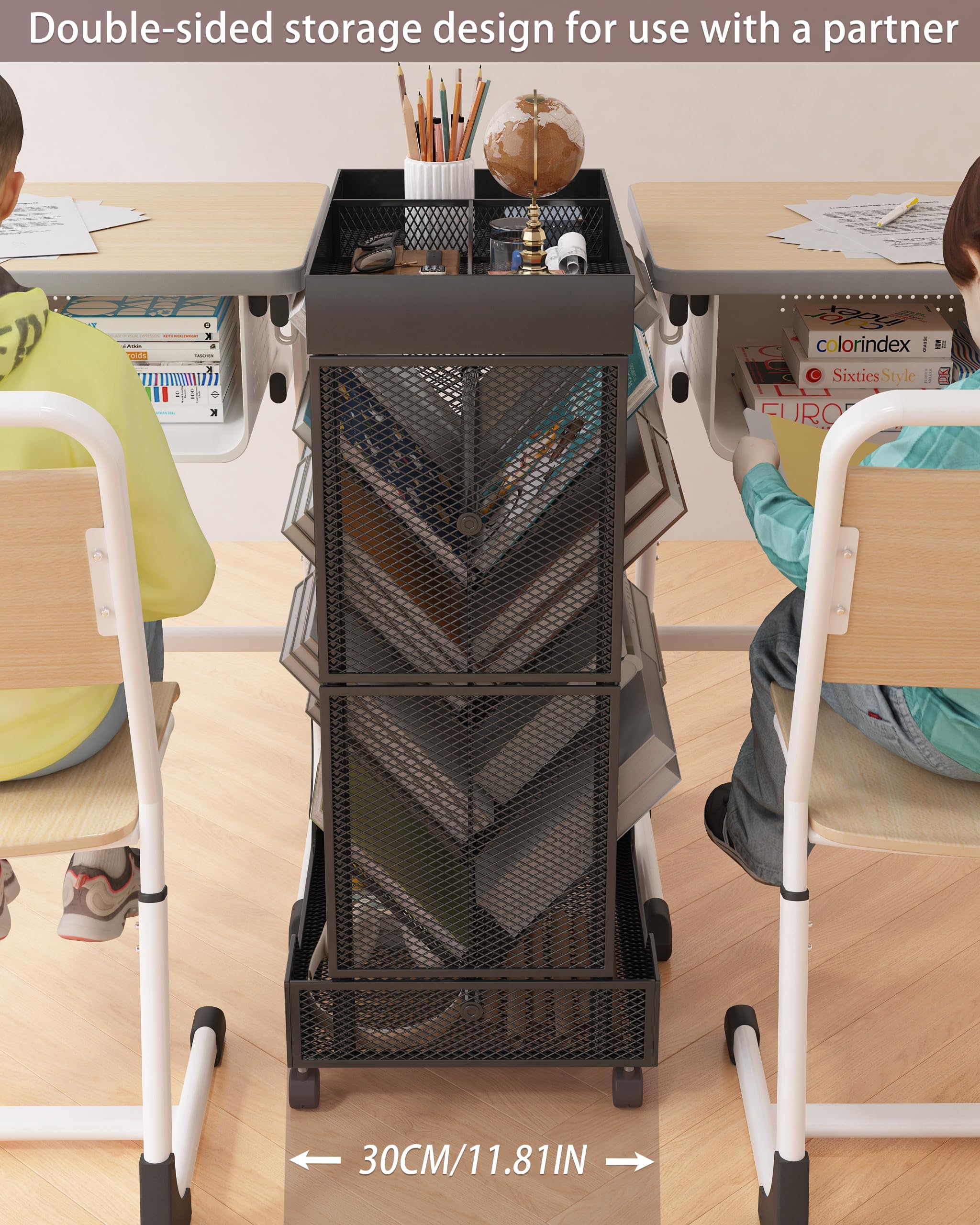 UMDONX Rollbarer Bücherwagen, doppelseitig, großes Fassungsvermögen, Bücherregal auf Rädern, für Zuhause, Büro, Klassenzimmer, hält A4, Briefe und Dokumente in rechtlicher Größe
