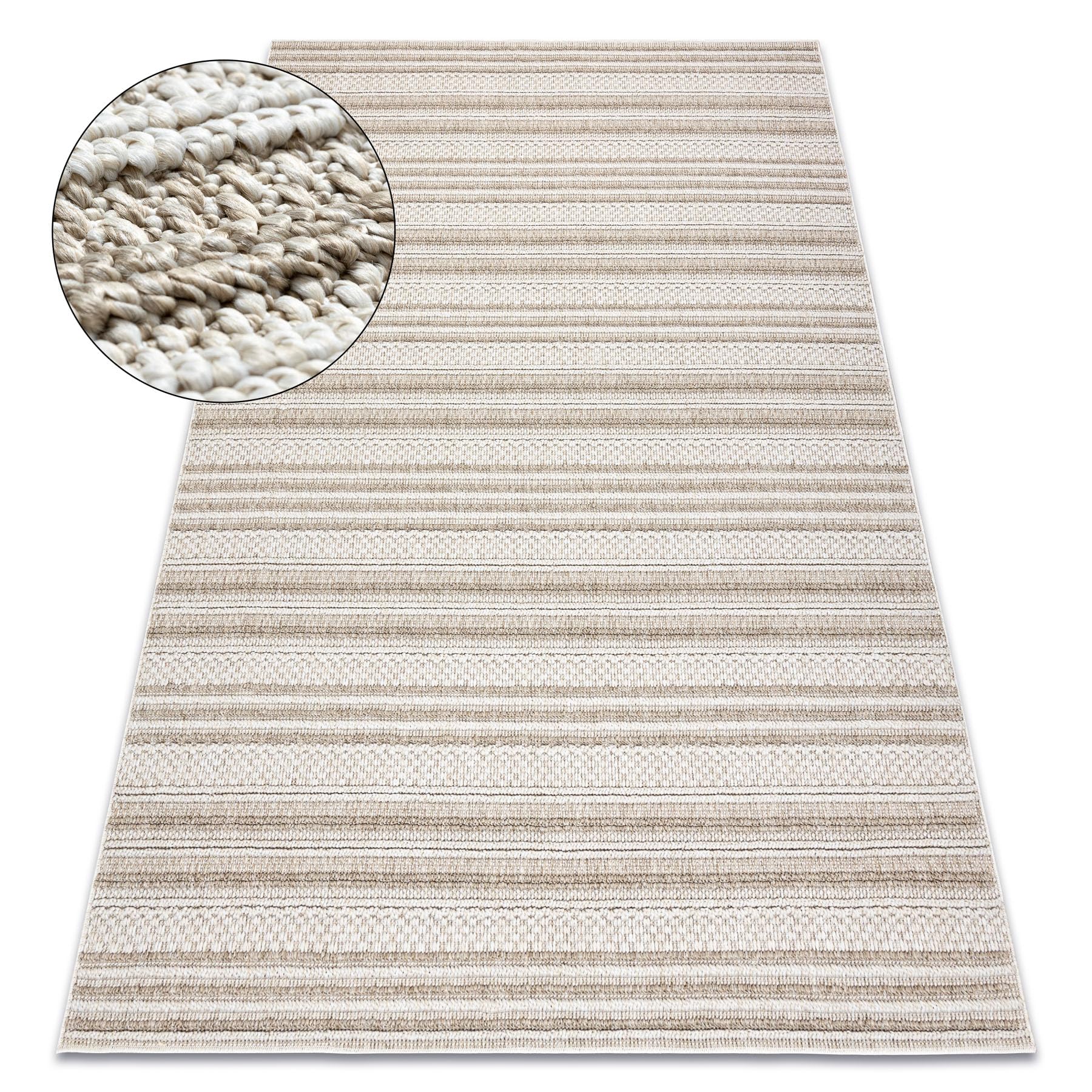 Tapis structurel bouclé beige 140x190 cm lignes bohème pour terrasse et salon