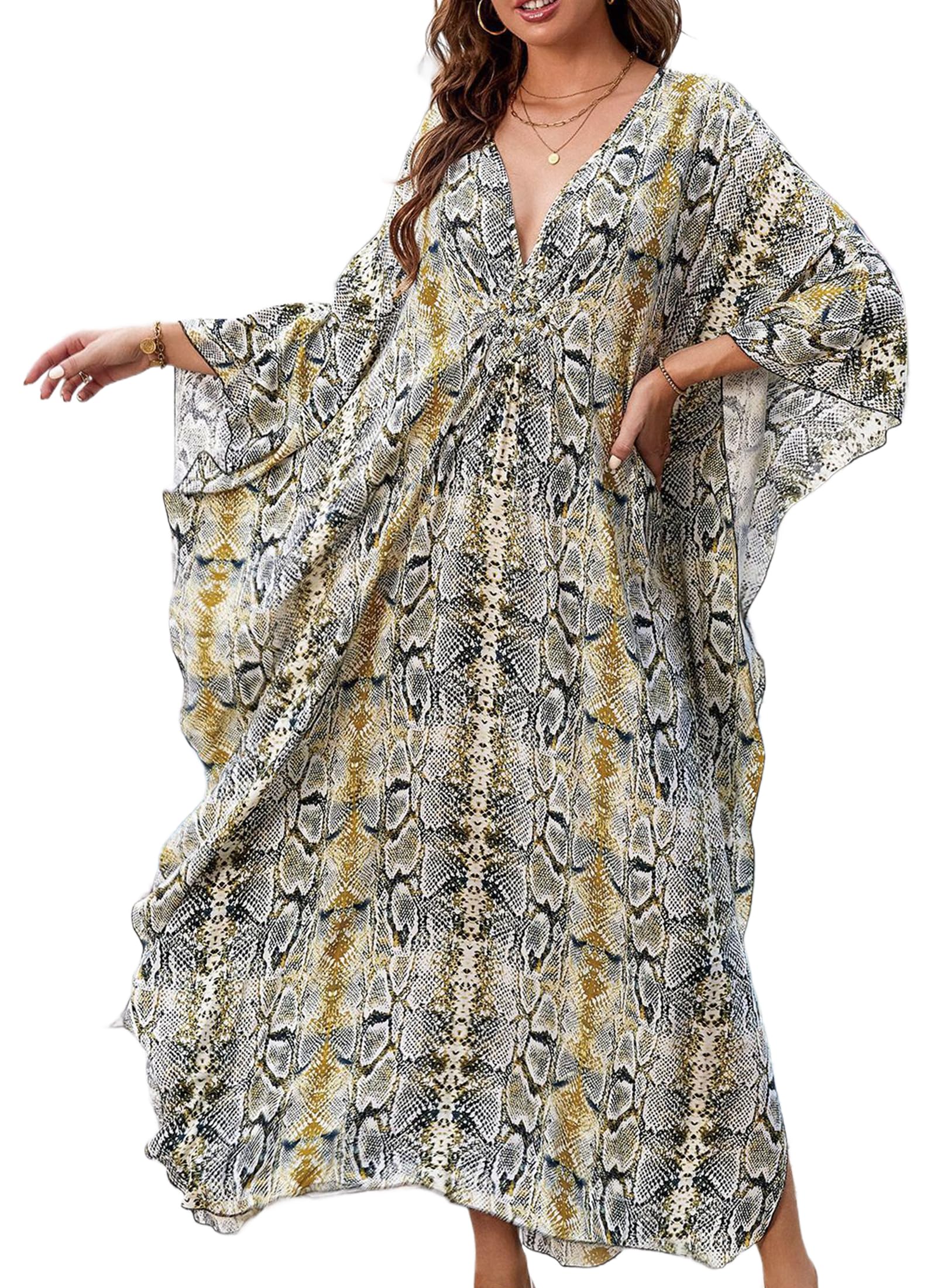 Kaftan Dresses for Women V-Neck Batwing Sleeves Swimsuit Beach Cover Ups Tie Dye Caftan Hawaiian Dress