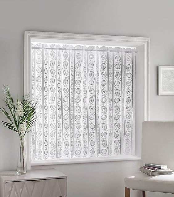 Milan - Floral Patterned, Vertical Louvre Style Window Blind, Pleated Lace Panel Curtain, with café curtain style top in White (Width - 72" (183cm) x Drop - 48" (122cm))