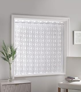 Milan - Floral Patterned, Vertical Louvre Style Window Blind, Pleated Lace Panel Curtain, with café curtain style top in White (Width - 72" (183cm) x Drop - 48" (122cm))