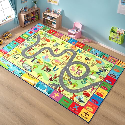 Terrug Alfombra de juego de animales para niños, alfombra de zoológico para sala de juegos, tapete educativo ABC, alfombra de área del alfabeto,