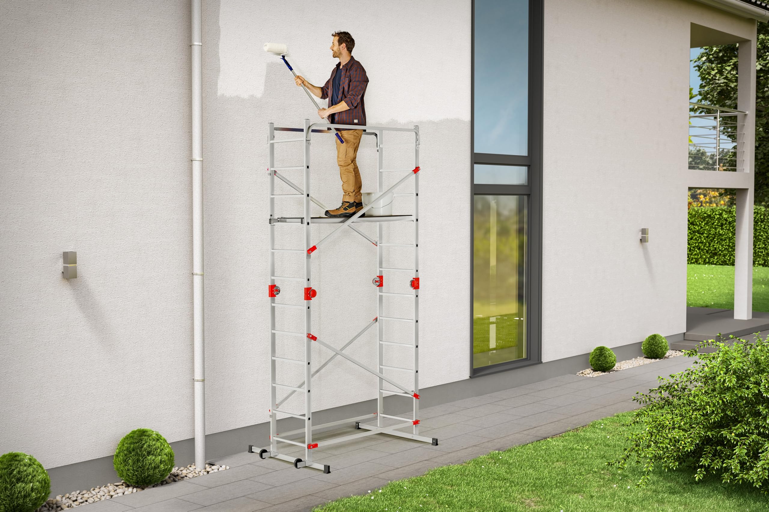 Hailo G60 aluminiowe rusztowanie wielofunkcyjne – 2 x 12 szczebli obciążalność do 150 kg/m2 – platforma z lukiem przelotowym – ruchome aluminiowe rusztowanie – do zastosowania jako drabina przystawna,