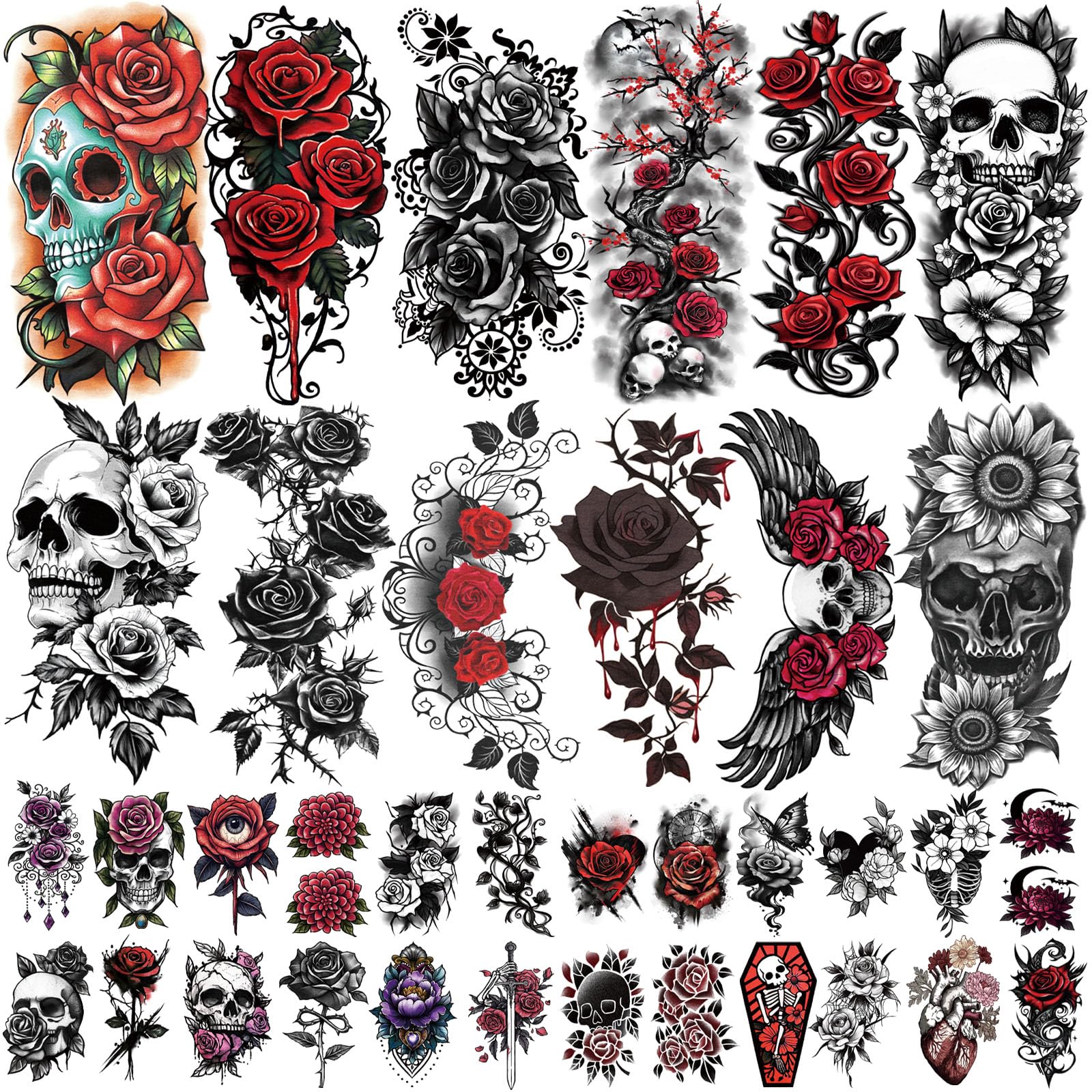 77 Sheets Flowers Skeleton Skull Temporary Tattoo for Women Men, 17 Half Arm Dark Gothic Punk Rocker Butterfly Fake Tattoos, 60 Scary Halloween