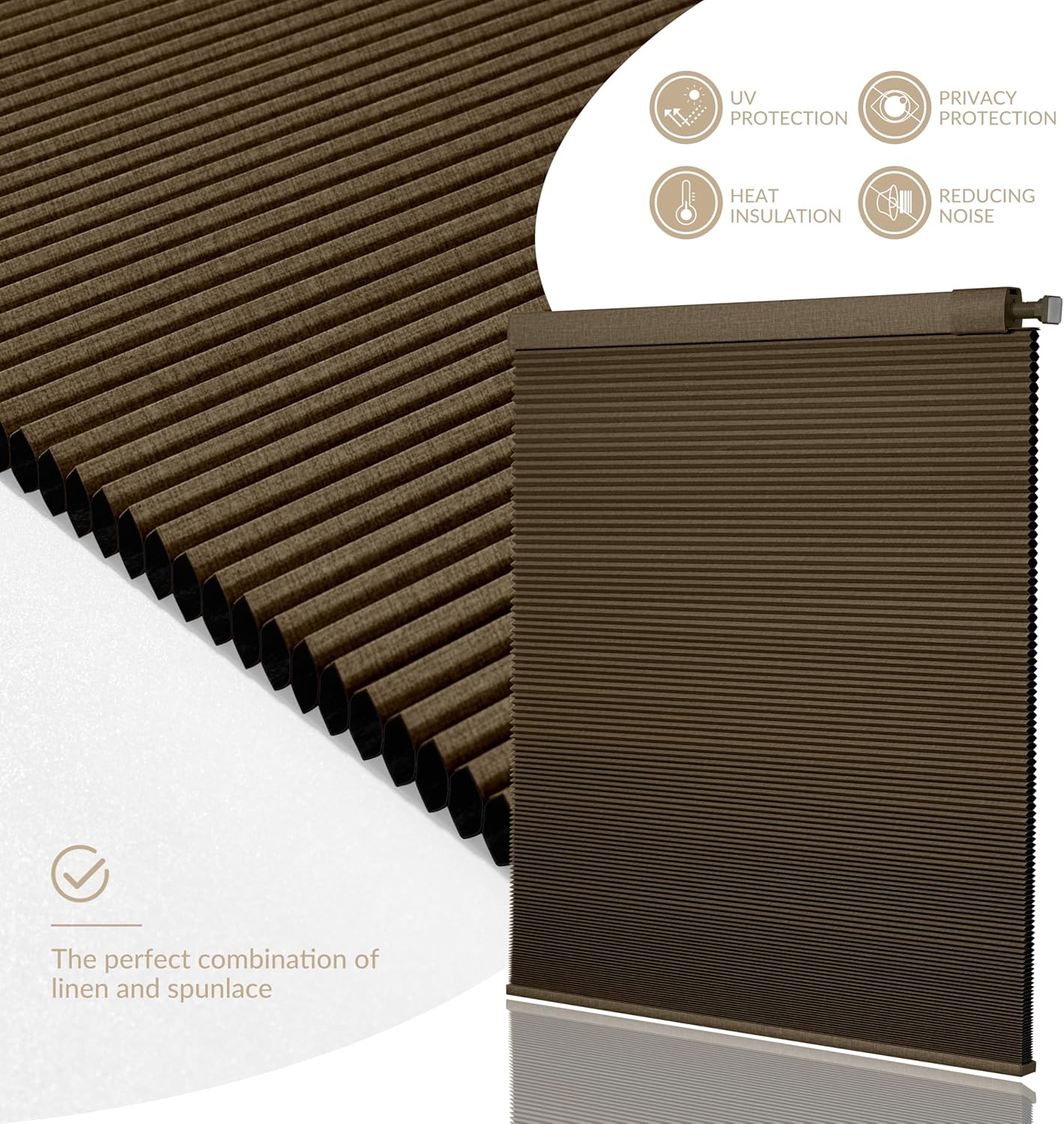 Boolegon No Drill Linen Pattren Cellular Shades for Windows Blackout Honeycomb Blinds Cordless No Tools Pull Down Shades Easy Install Cellular Blinds for Home and Office, Brown