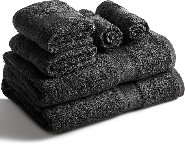 SweetNeedle - Zestaw ręczników, czarne - 2 ręczniki kąpielowe, 2 ręczniki do rąk i 2 ściereczki do prania, do codziennego użytku 500 g/m², 100% bawełna, bardzo chłonne, do łazienki, prysznica i