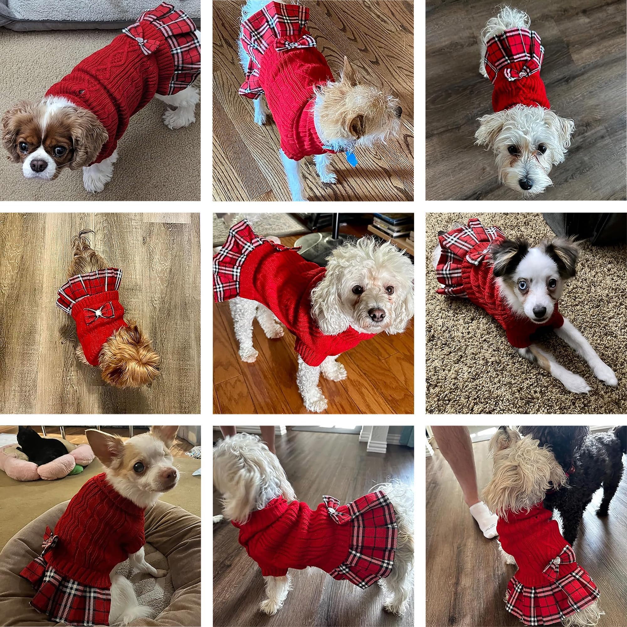 WOYYHO Hundepullover, Kleid mit karierter Fliege, Faltenrock, Hundepullover mit Loch für die Leine, Rollkragen, Hundepullover, Strickwaren, Welpenpullover, Winter, Hundekleidung für kleine mittelgroße