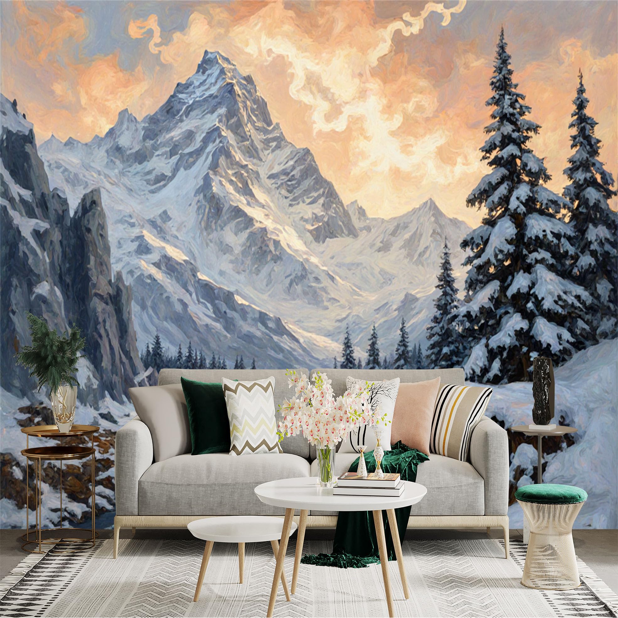 Custom Size Wall Sticker Mural， Snowy Mountain Landscape with River and Pine Trees at Sunset， for wall Decoration， peelandstick wall Decals.