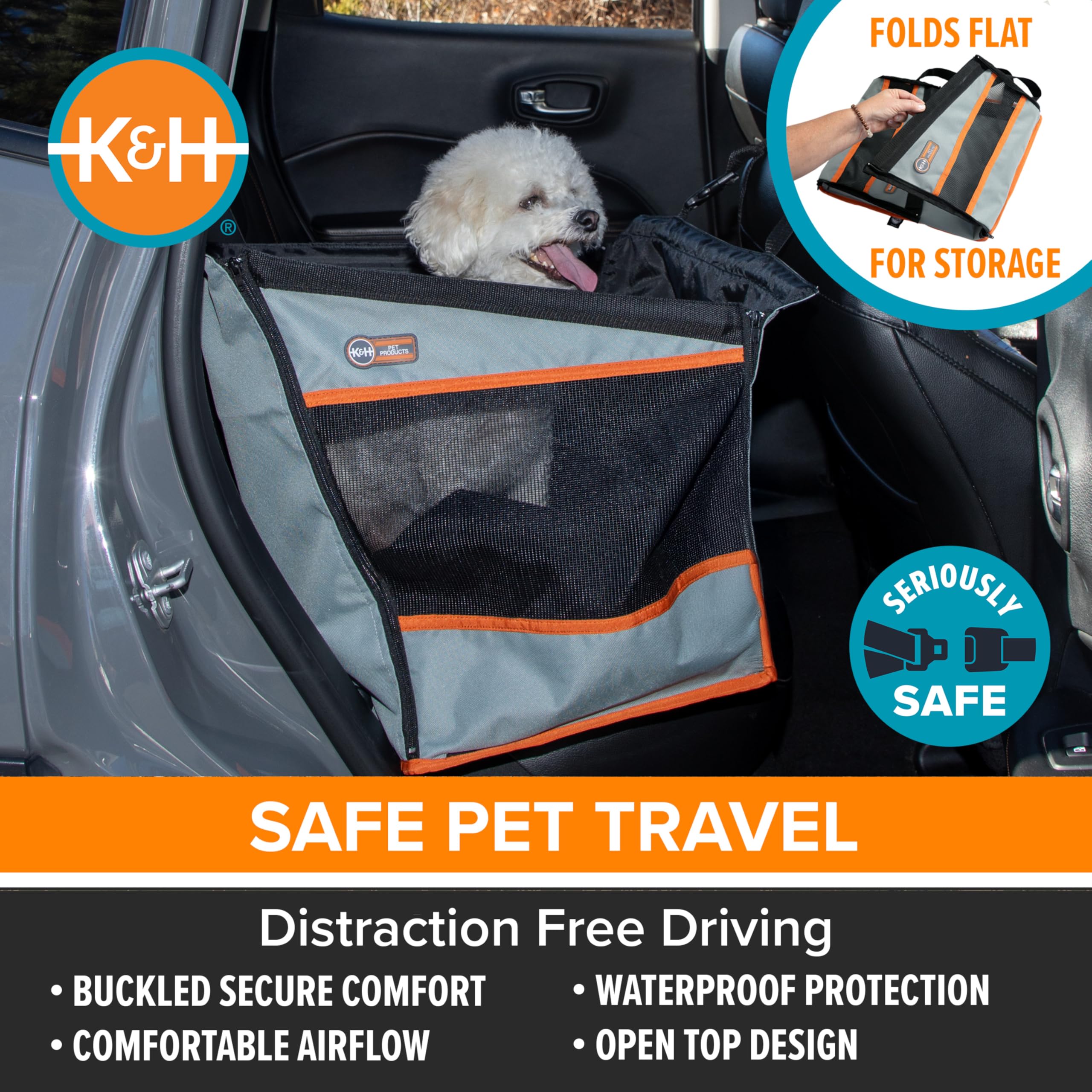 K&H Pet Products Buckle N' Go Hundeautositz für mittelgroße Hunde, wasserdichter Stoff mit atmungsaktivem Mesh & verstellbarem Hunde-Sicherheitsgurt für Auto, Hundehängematte für Auto,