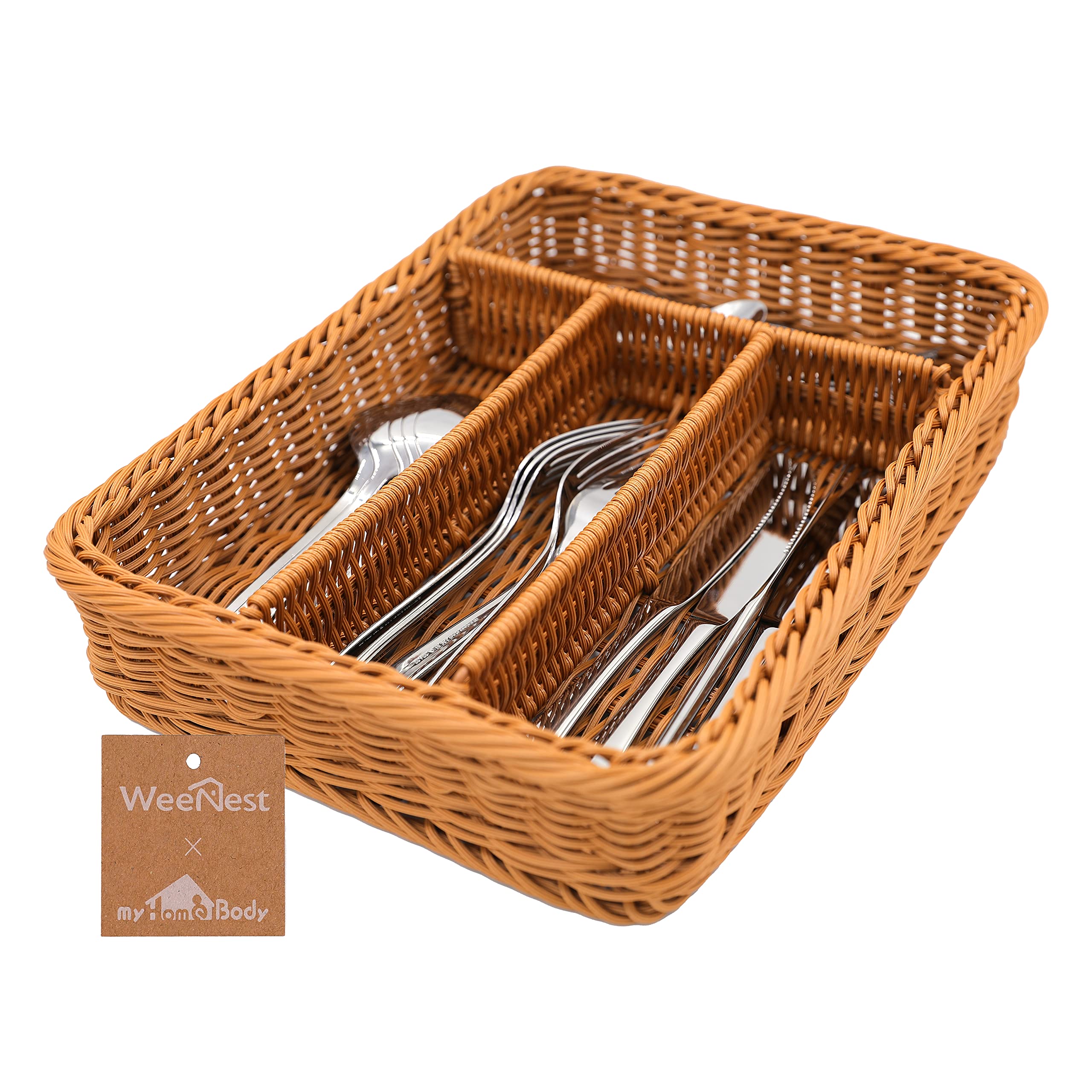 Myhomebody Light Brown Rectangle Wicker Utensil Holder, Cutlery Organizer For Kitchen Organization, Utensil Drawer Organizer Kitchen Accessories, Resin Wicker 1 Pc,