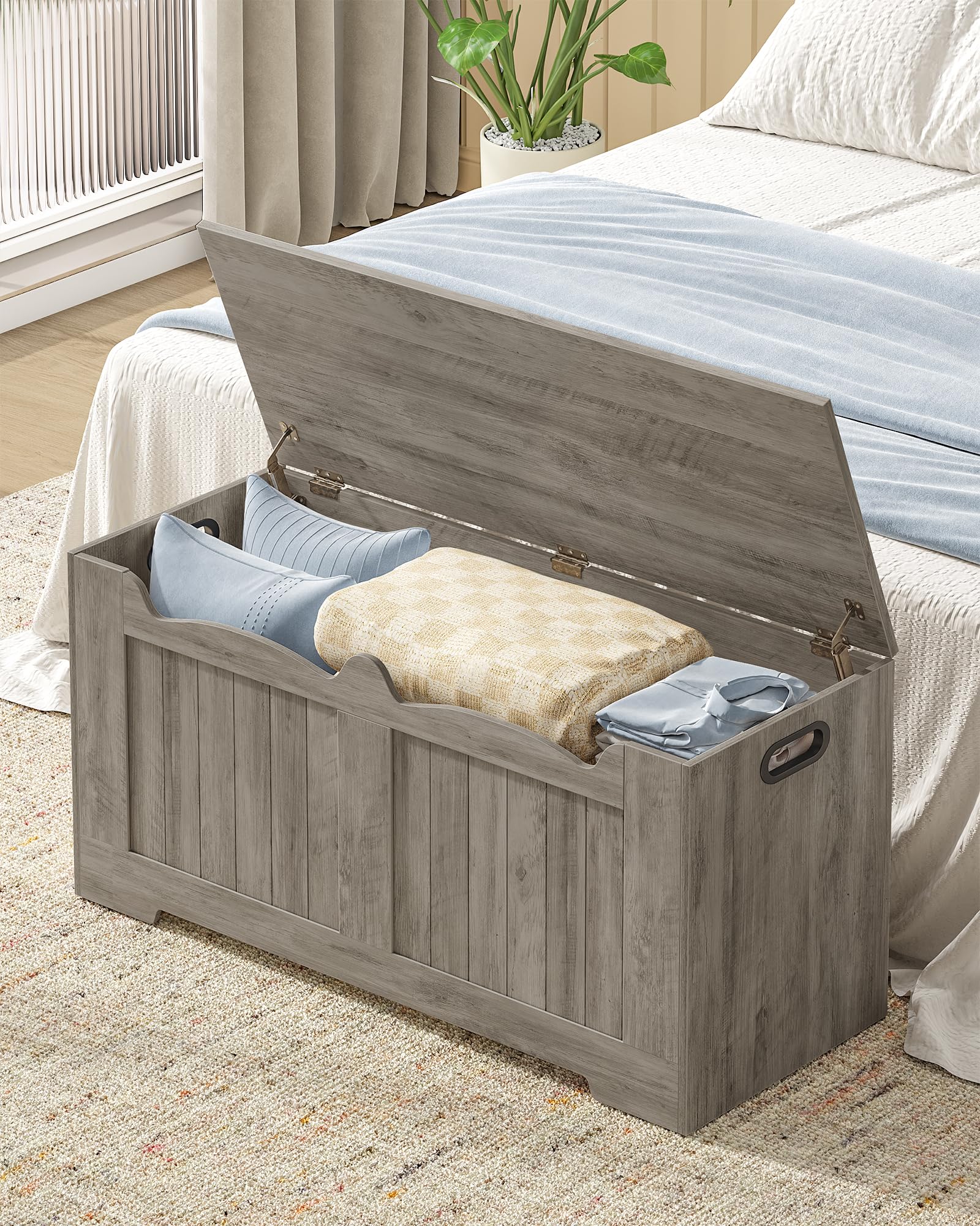 Hzuaneri Truhenbank mit Stauraum, Sitzbank mit Stauraum, Sitztruhe mit 2 Stabilen Scharnieren, Aufbewahrungsschrank, 40 x 100 x 48 cm, für Flur, Schlafzimmer, Wohnzimmer, Helles Elfenbein SB01005X