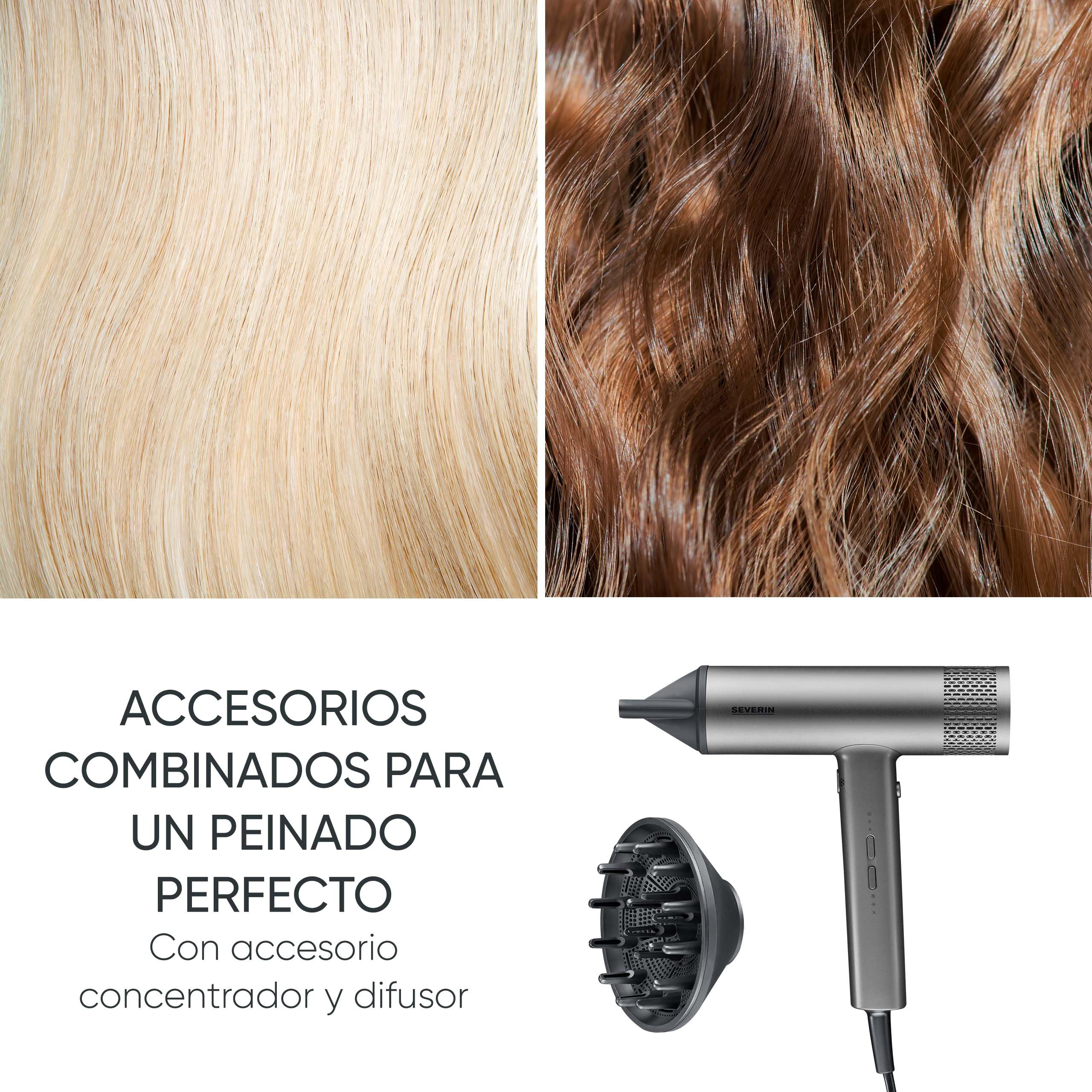 SEVERIN Secador de pelo de alto rendimiento con motor BLDC y tecnología iónica, Secador de pelo con difusor magnético y concentrador, Potencia de 2.000 W, Gris, HT 0169