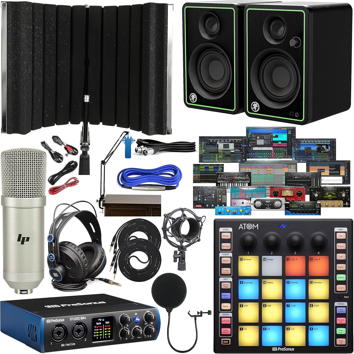 PreSonus Studio 24c 2x2 USB Audio Interface with Studio One Artist Software Pack & CR4-XBT Creative Multimedia Monitors, ATOM MIDI Pad Controller, Boom Arm & Isolation Recording Shield