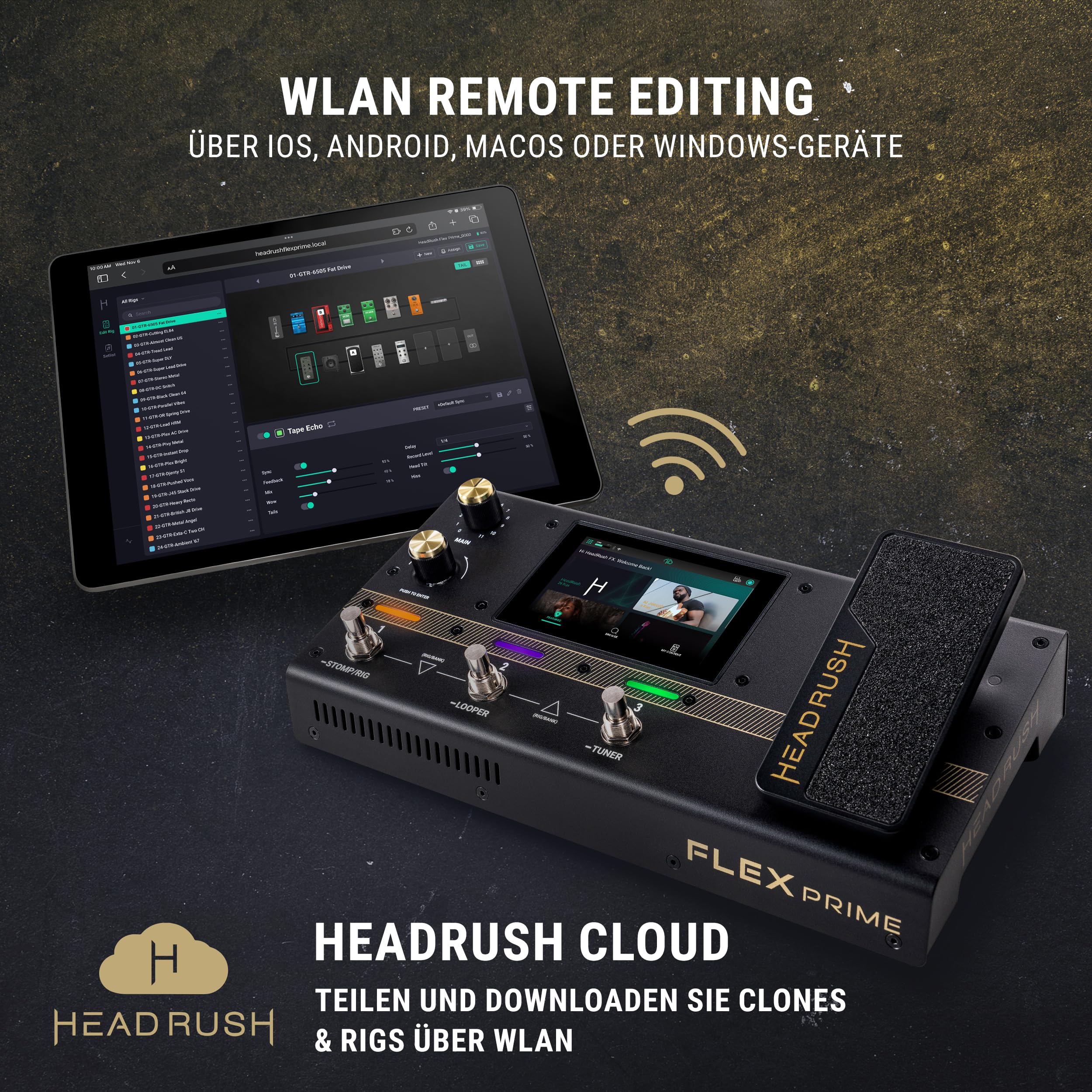 HeadRush Flex Prime Gitarre und Bass Multi-Effekt Pedal und Amp Modeling Prozessor mit Touchscreen, Looper, WLAN, Bluetooth, IR Loader, USB, Lektionen