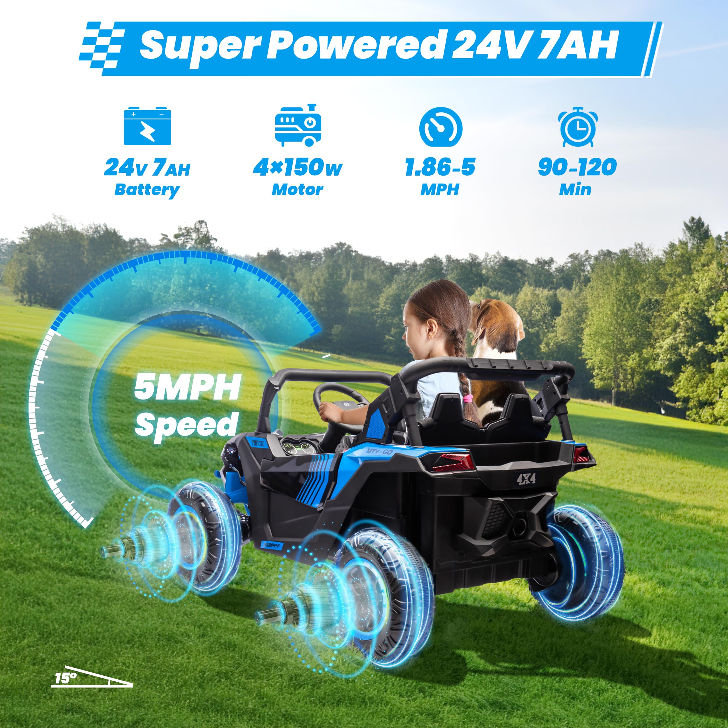 24V Ride on Car 2 Seater Ride on Toys for Big Kids 4WD 4X200W Off-Road Powerful UTV Ride on Truck Electric Vehicle Birthday Gift for Boys & Girls Ages 3-8, Blue - 3