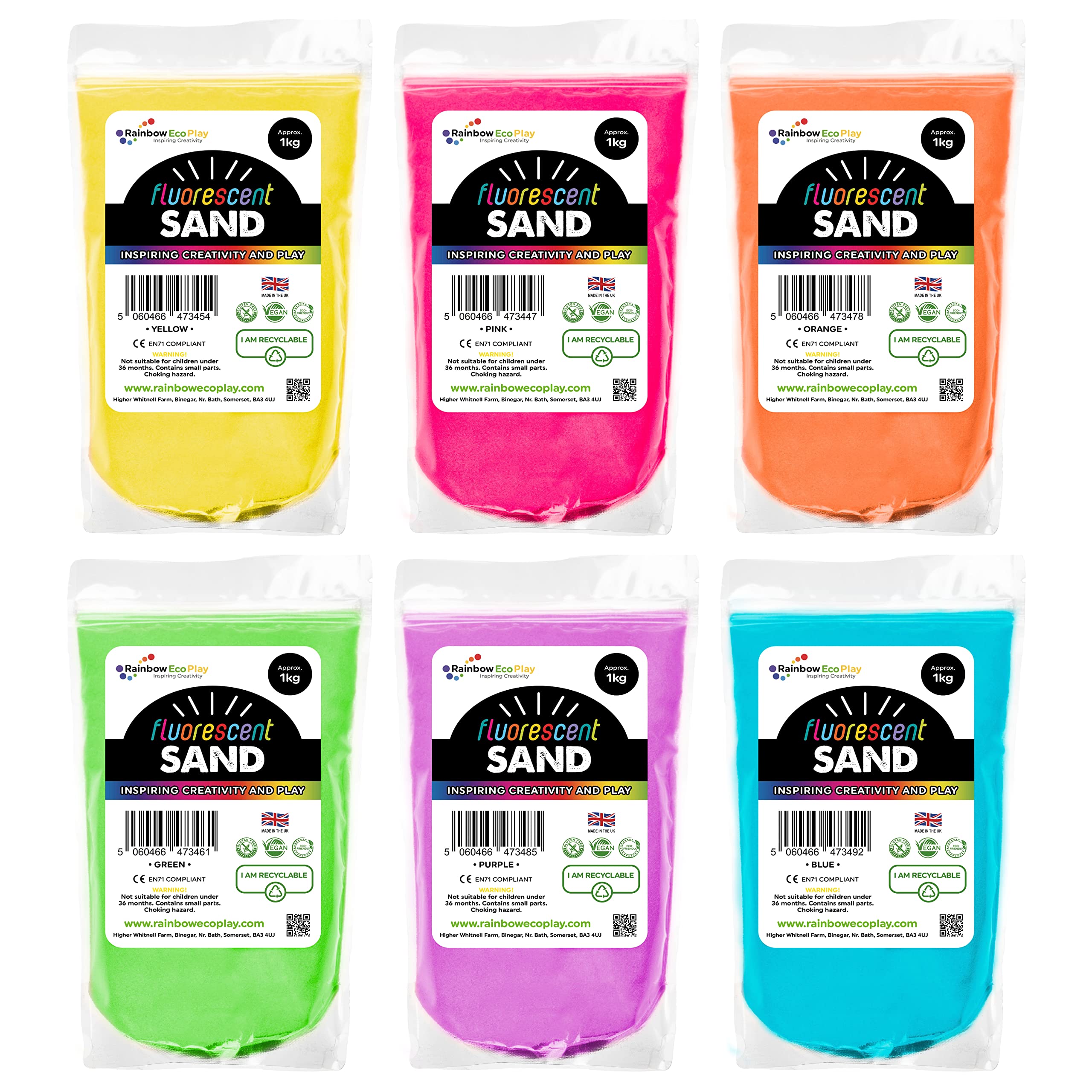 Rainbow Eco Play โ Sand Art Kit for Kids - Fluorescent Coloured Sand โ 6 x 1kg - Decorative Craft Childrens Play Sand โ Aquarium Sand - Assorted