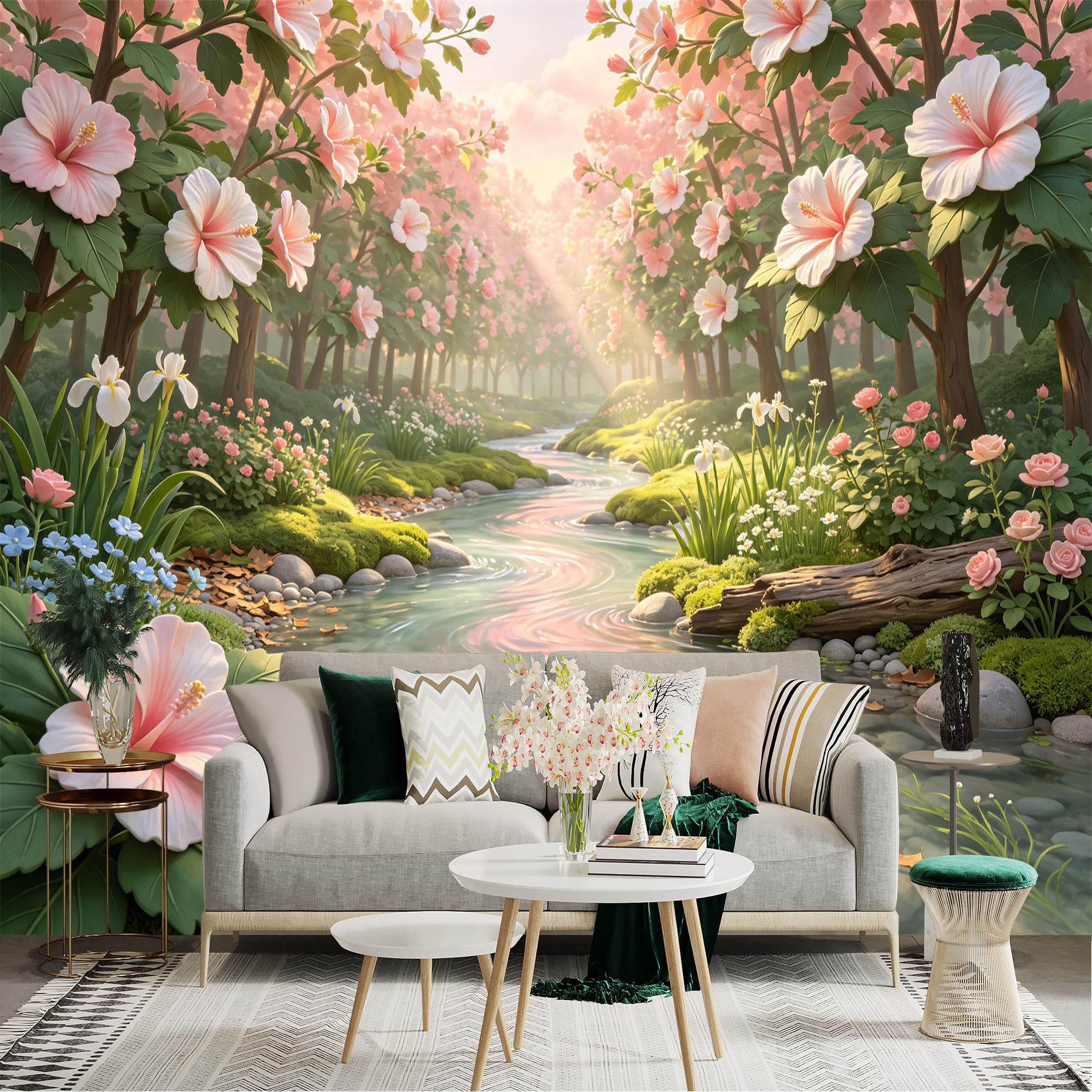 Lnzczhyre Bh260719323 Custom Size Wall Sticker Mural， Pink Floral Forest Stream， Sunlit Spring Garden， Peaceful Nature Scenery， For Wall Decoration， Peelandstick Wall Decals.