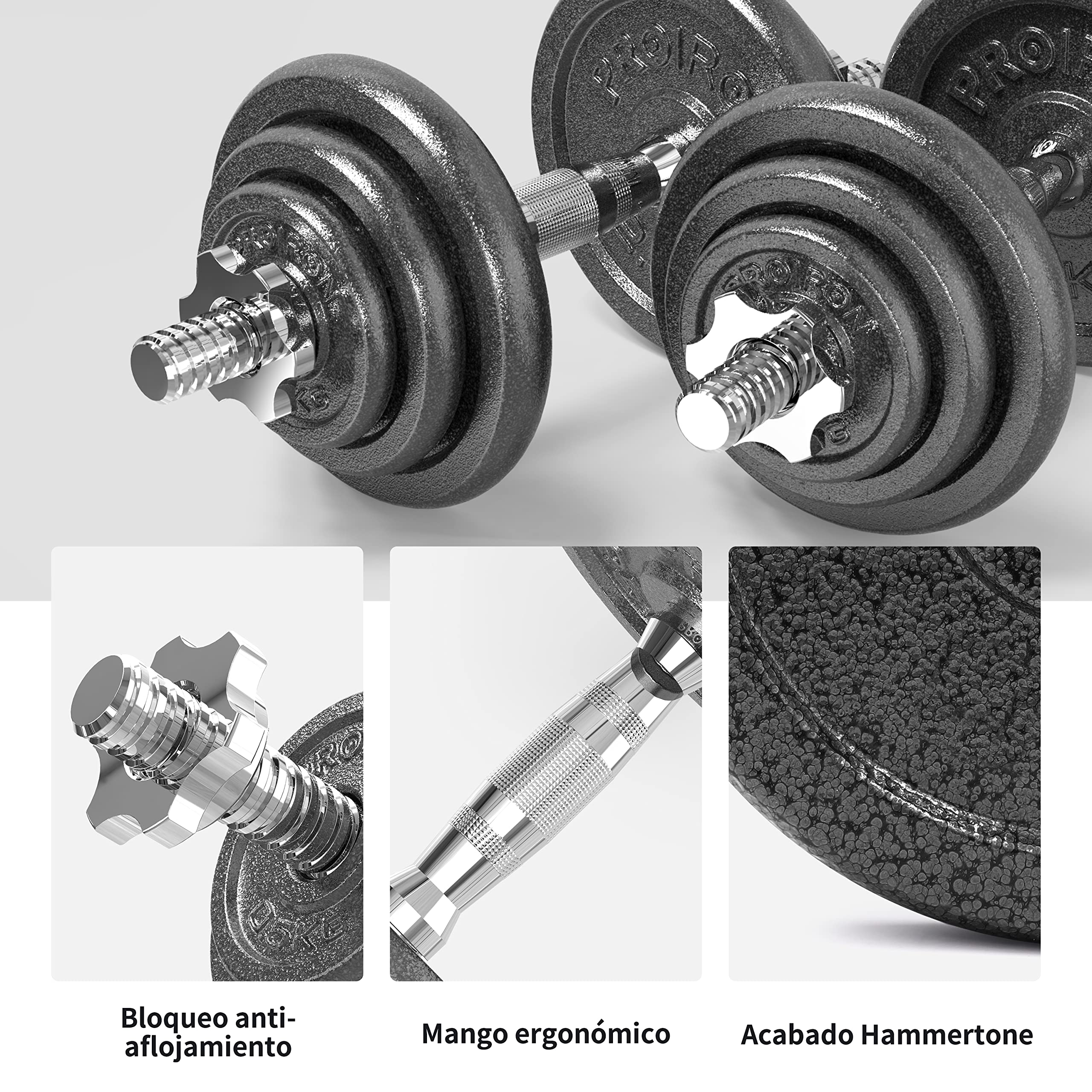 PROIRON Kit de Mancuernas Ajustables de Hierro Fundido - Juego de Pesas con Barra Conexion para Halterofilia, Culturismo, Aptitud, Ejercicios Gimnasio en Casa