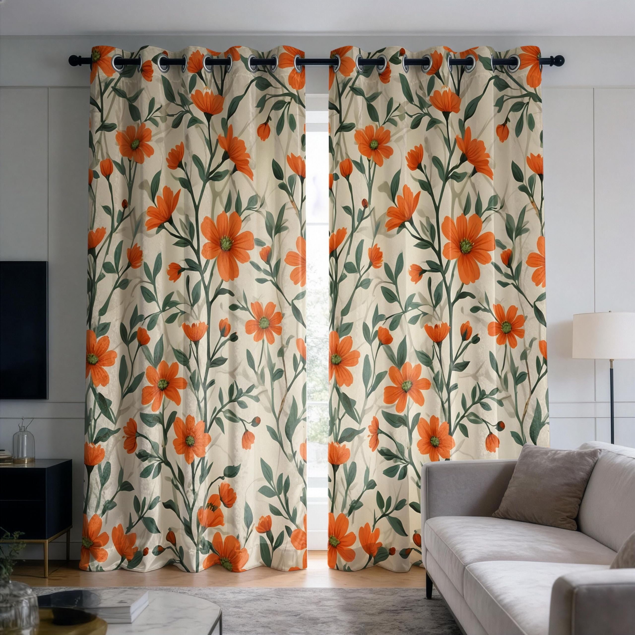 IKDZCM Orange Floral Blackout Curtains for Bedroom, Botanical Drapes, Flower Print Window Panels Drapes for Living Room(WxH/2x143x205cm)