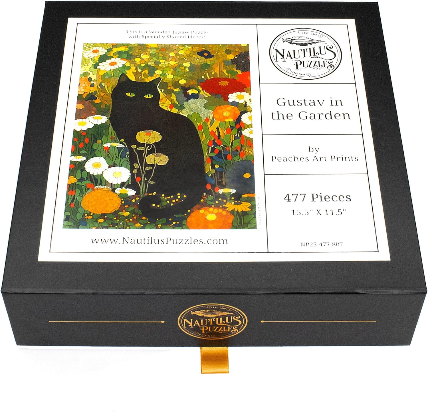 Wooden Jigsaw Puzzle - Gustav in The Garden - Wooden Black Cat Puzzle - 477 Pieces - Made in The USA by Nautilus Puzzles for Cat Lover