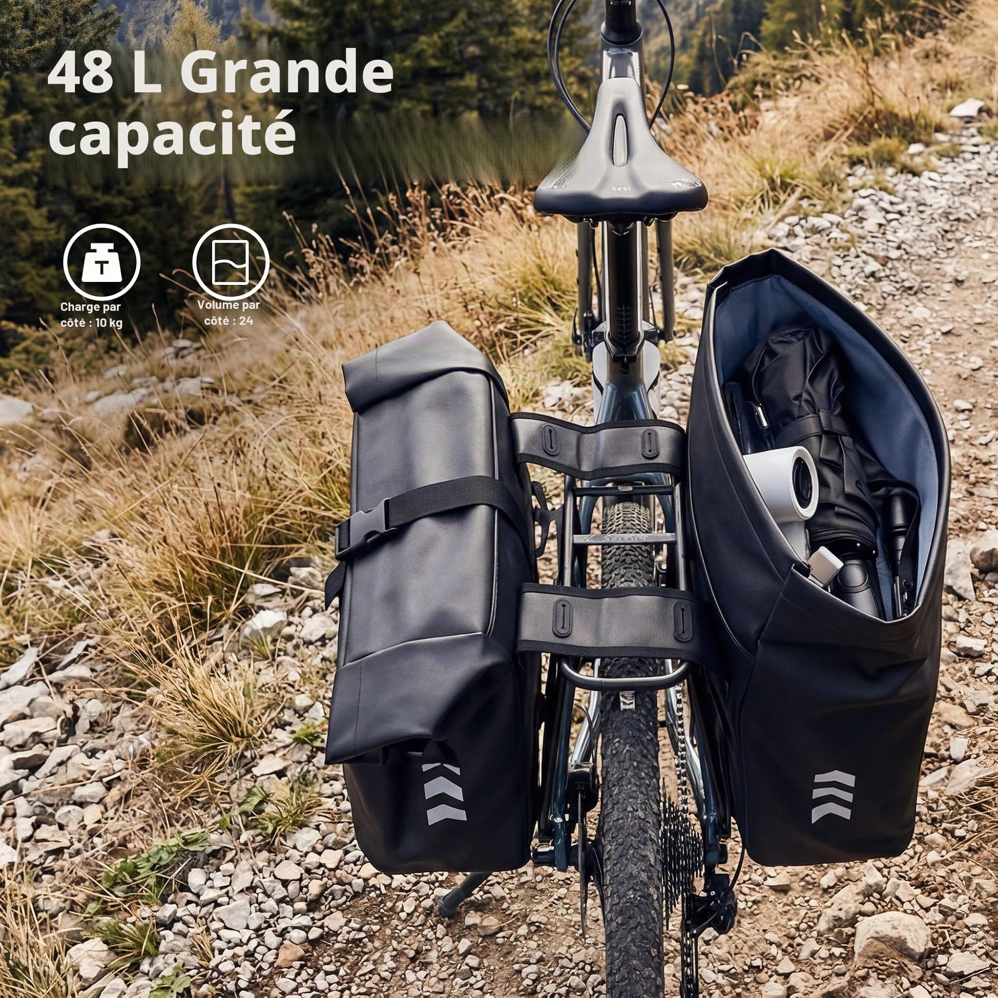 WilTec Sac Double pour Porte-Bagages 48 l, Sacoche de vélo pour Porte-Bagages 30 x 14 x 57 cm, Sacoche de vélo résistante à l'eau