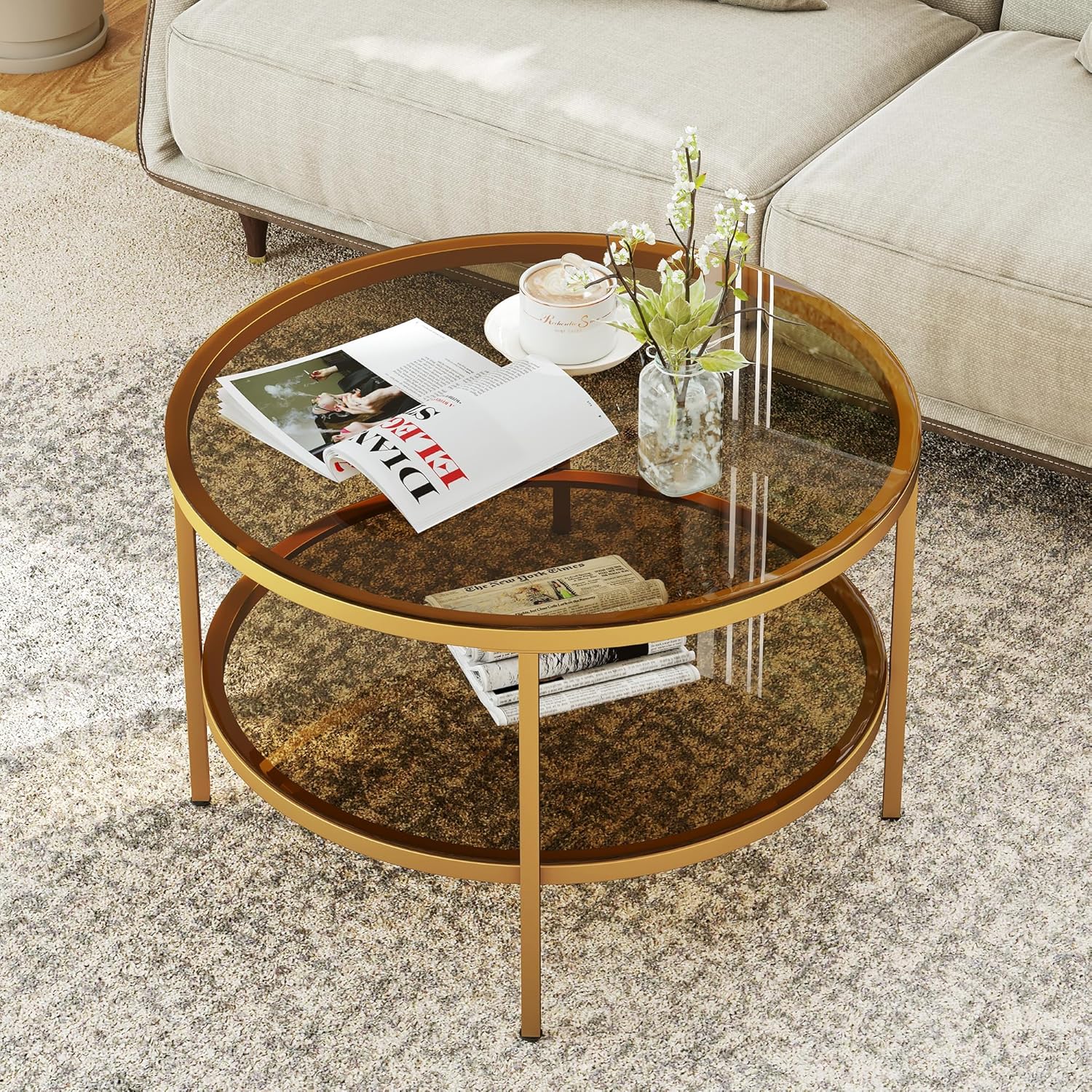 Yusong Round Glass Coffee Tables for Living Room, 2Tier Circle Gold
