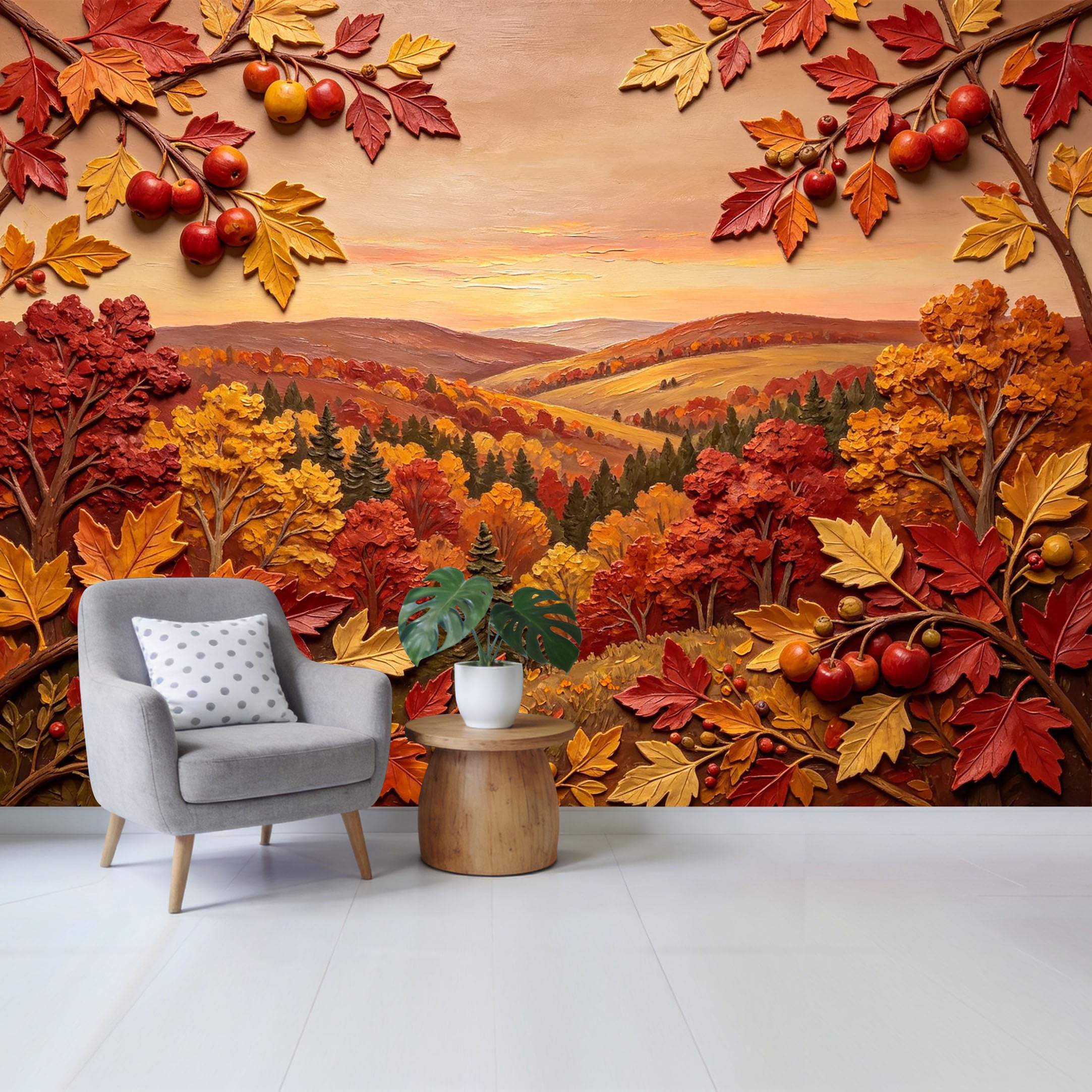 Qzlithotic Yq2605251049 Custom Size Wall Mural Autumn Harvest Landscape Maple Leaves Berry Branches Oil Painting Texture Selfadhesive Wall Fabric Removable Wallpaper For Home Office Decor