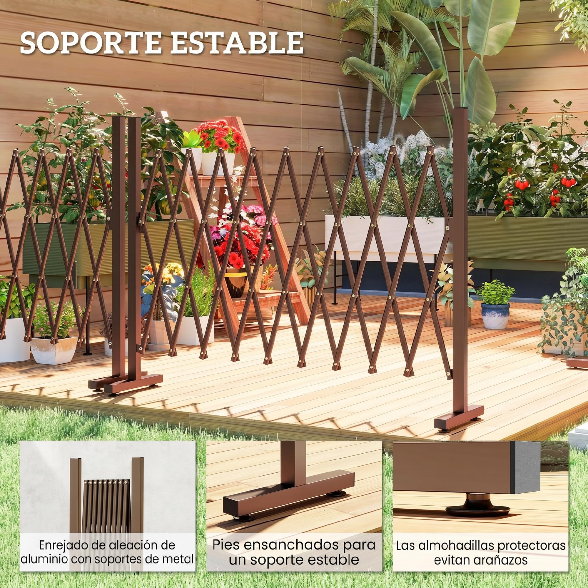 Outsunny Valla de Jardín Exterior de Aleación de Aluminio Puerta de Jardín Exterior Extensible Valla Metálica para Decoración Terraza Patio 250x31x103,5 cm Café Oscuro
