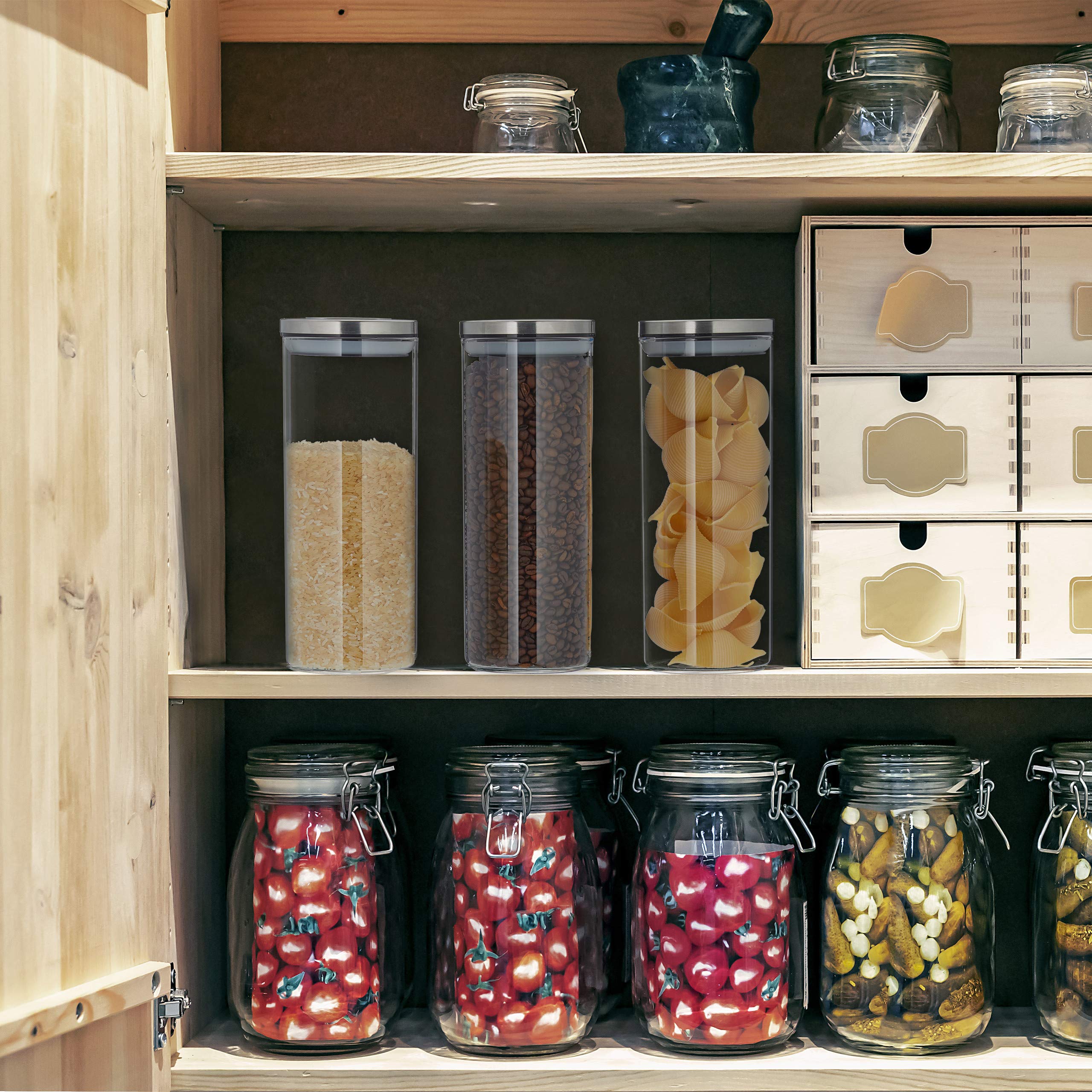 Relaxdays voorraadpot met deksel, set van 3, 1100 ml, ronde bewaarpot, luchtdichte opbergpot keuken, transparant/zilver