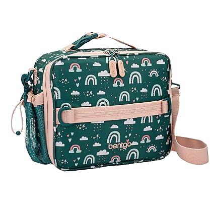 Bentgo Kids Prints Lunch Bag - Double Insulated, Durable, Water-Resistant Fabric with Interior and Exterior Zippered Pockets and External Bottle Holder- Ideal for Children 3+ (Green Rainbow)