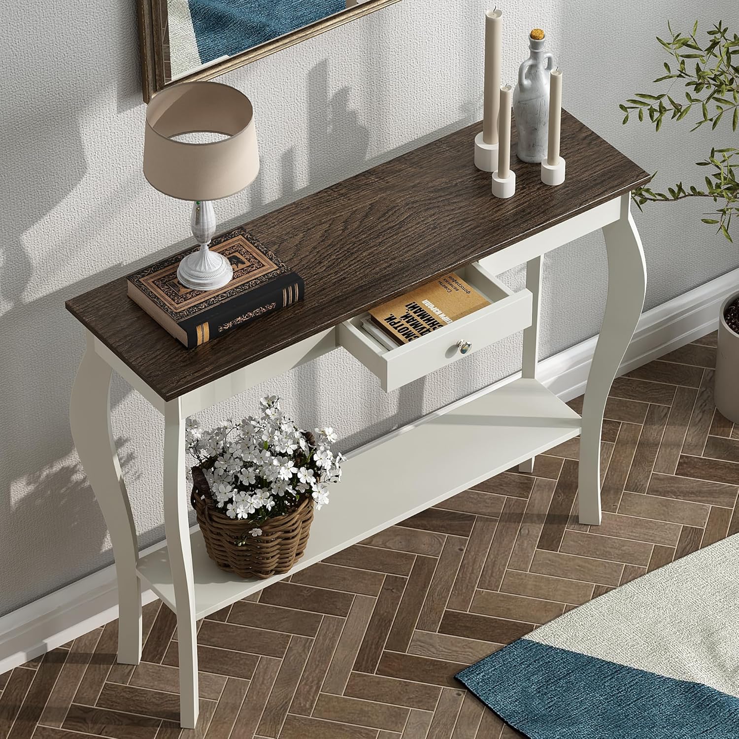 ChooChoo Narrow Farmhouse Console Table with Drawer, Chic Accent Sofa Entryway Table with Shelves for Entryway, Living Room, Hallway, Soft White