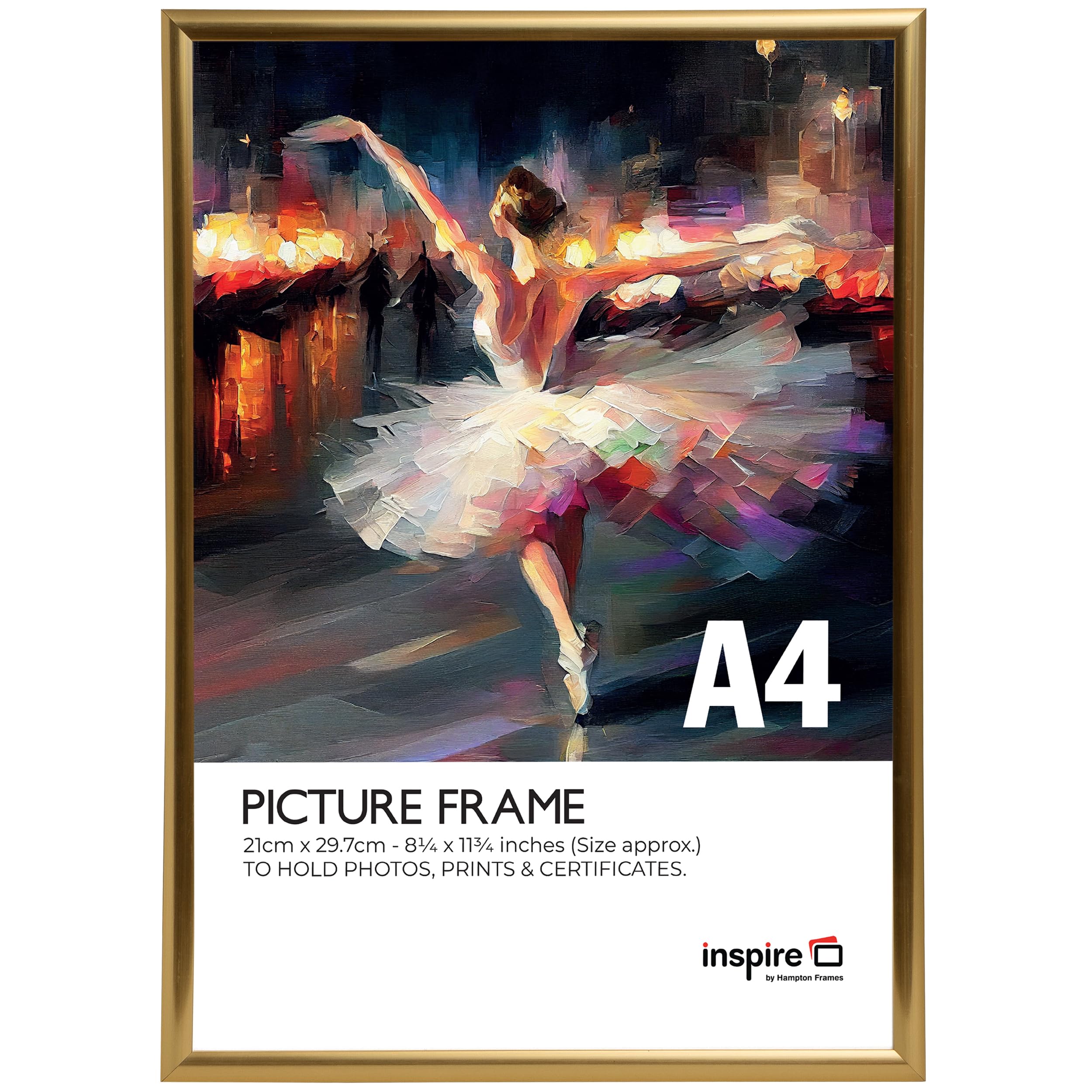 Inspire By Hampton Frames Gold | A4 Backloader Poster Frame, 21X29.7cm, Acrylic Front | Lightweight, Easy-Change Design | Display Photos, Art, Certificates